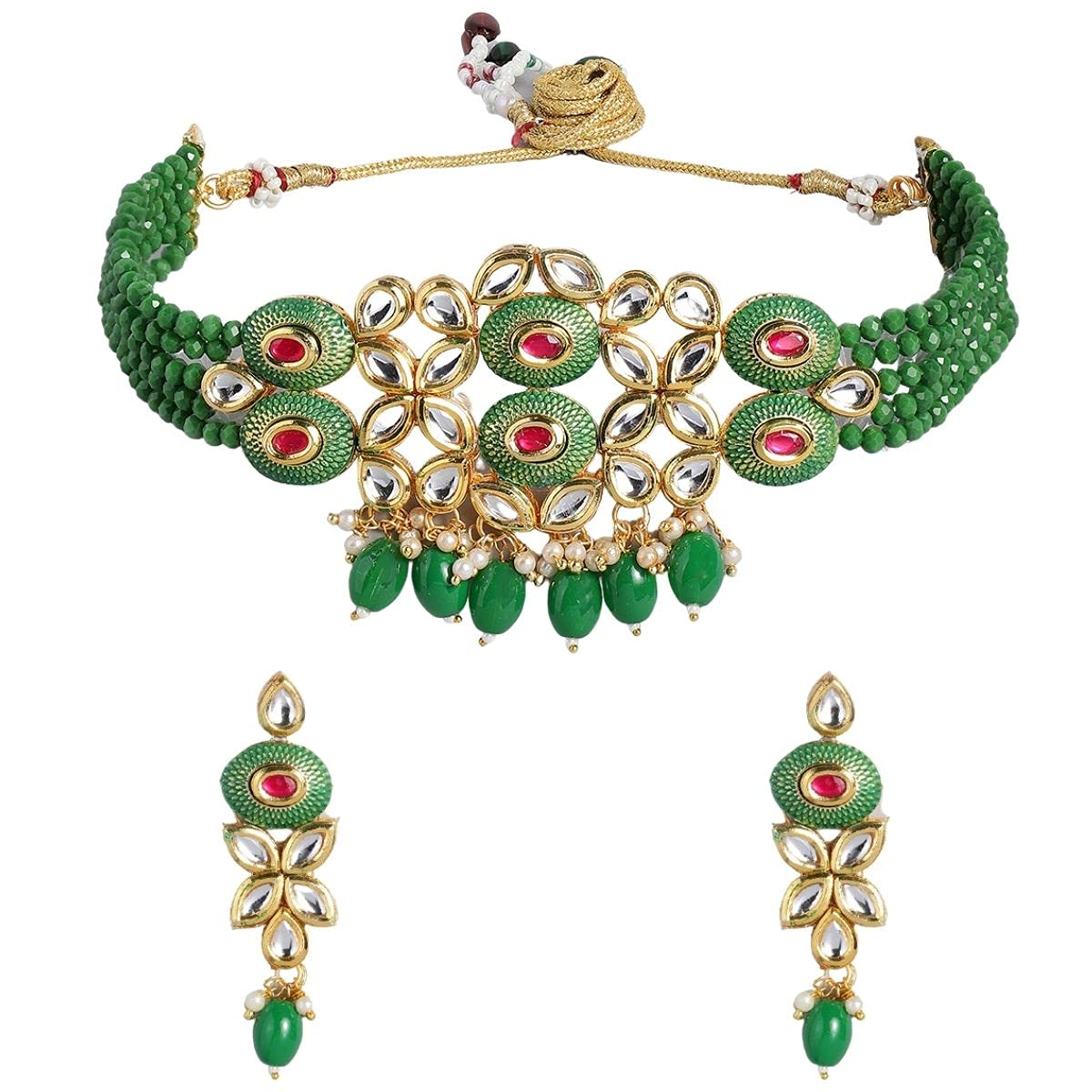 ACCESSHERGold-toned Kundan and green enamel jewelry set, embellished with emerald beads, designed for women and girls, offering elegance for every special occasion.