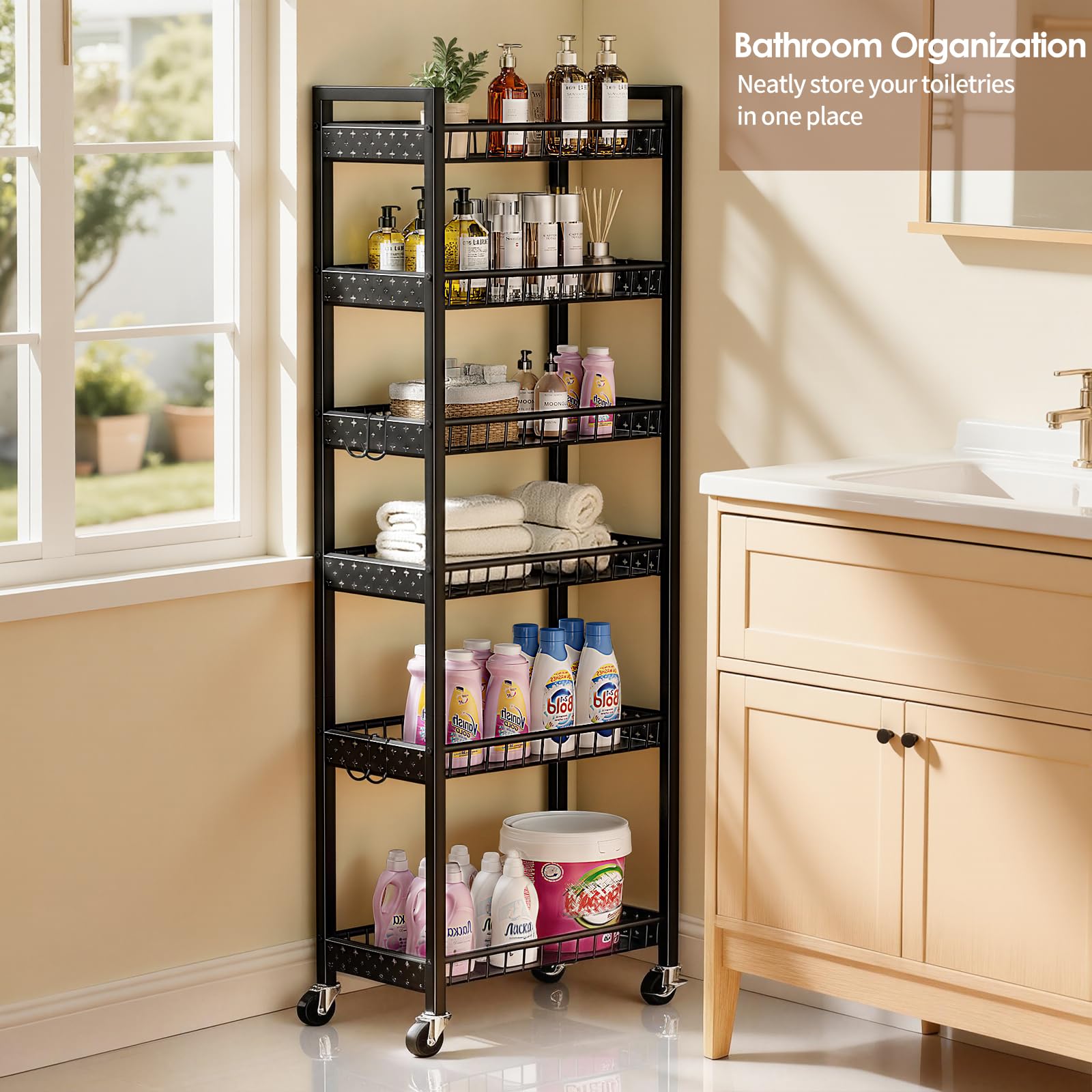 Carrello Portaoggetti Sottile, Carrello a 6 Ripiani con Ruote, Scaffalatura Sottile Mobile Multiuso per Cucina, Bagno, Lavanderia, Soggiorno, Spazi Ristretti, 9,84 pollici (L)