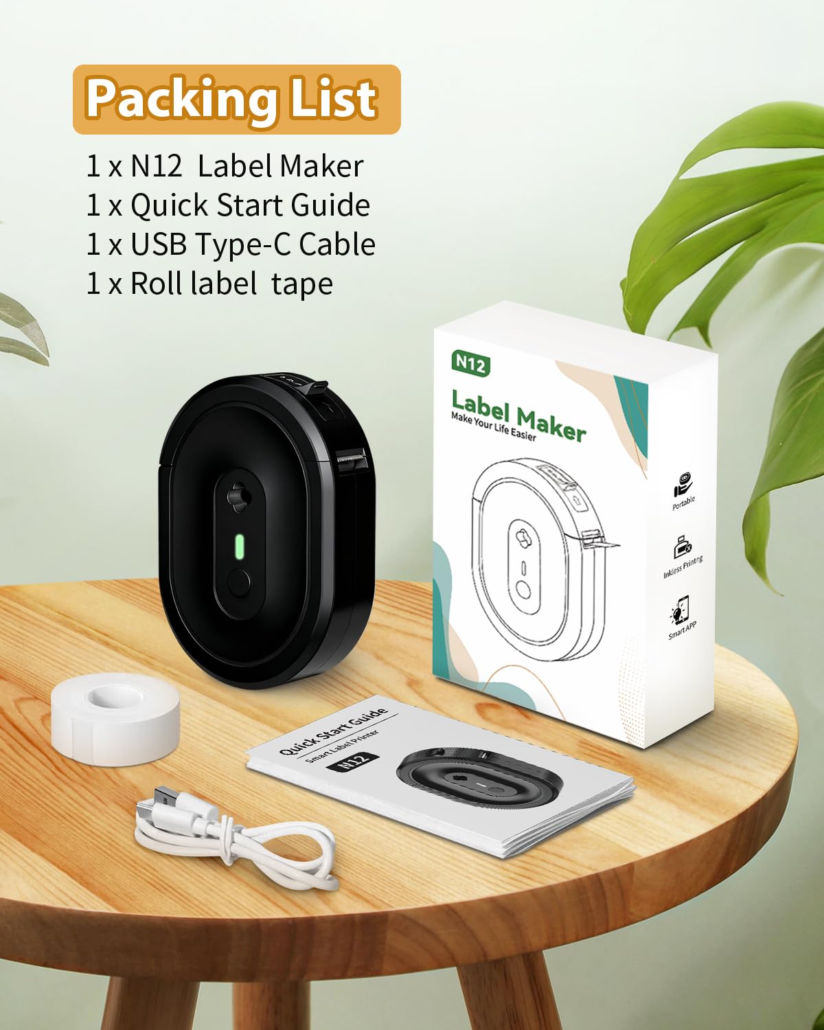 Etichettatrice con nastro, N12 Stampante per etichette Bluetooth portatile, mini etichettatrice wireless adesiva termica con più modelli per casa, cucina, scuola, organizzazione ufficio, nero