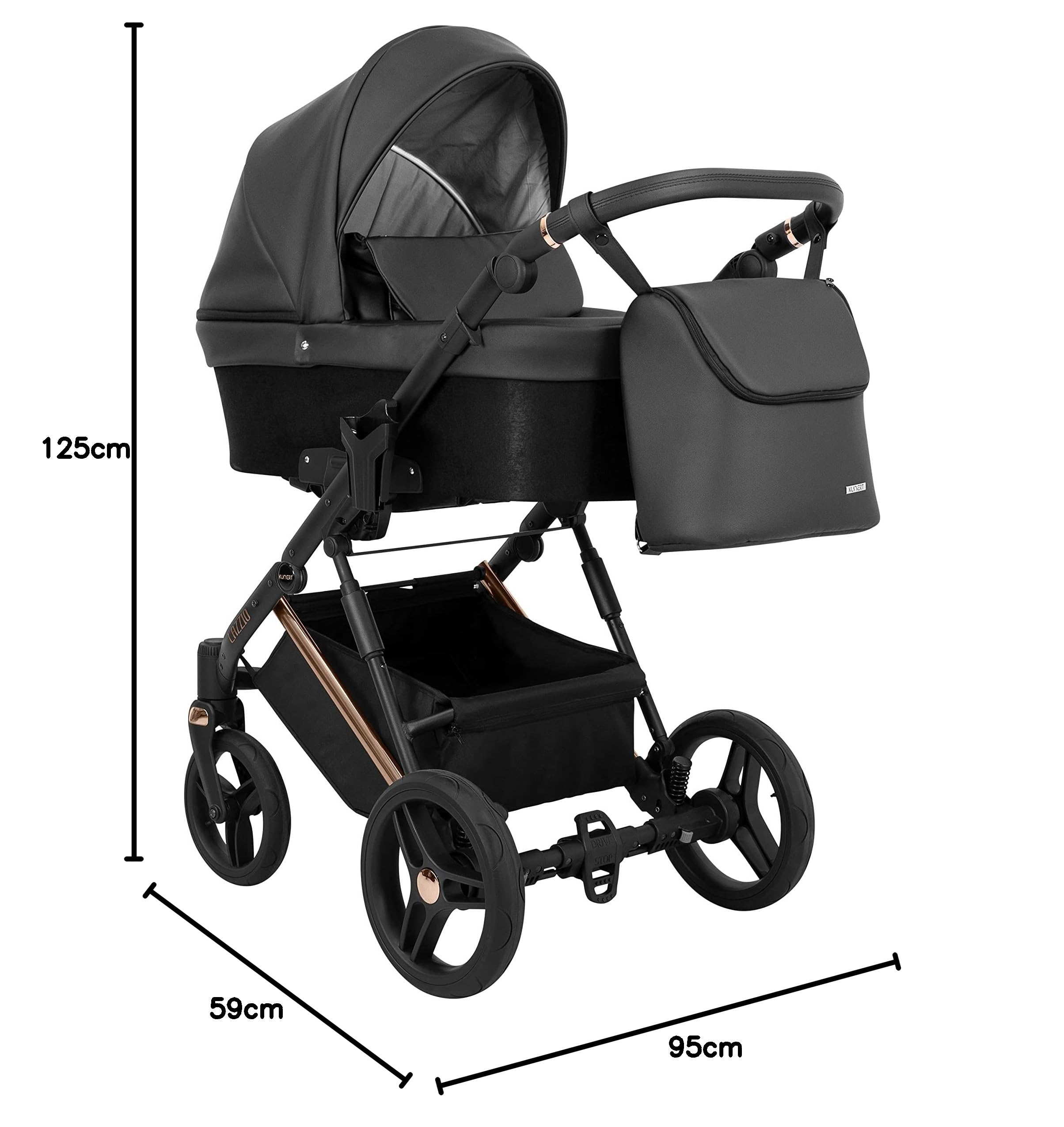 Kunert cochecito de bebé LAZZIO PREMIUM silla de paseo silla de coche asiento de bebé juego completo 2 en 1 y 3 en1 (2en1, negro eco - marco de cobre)