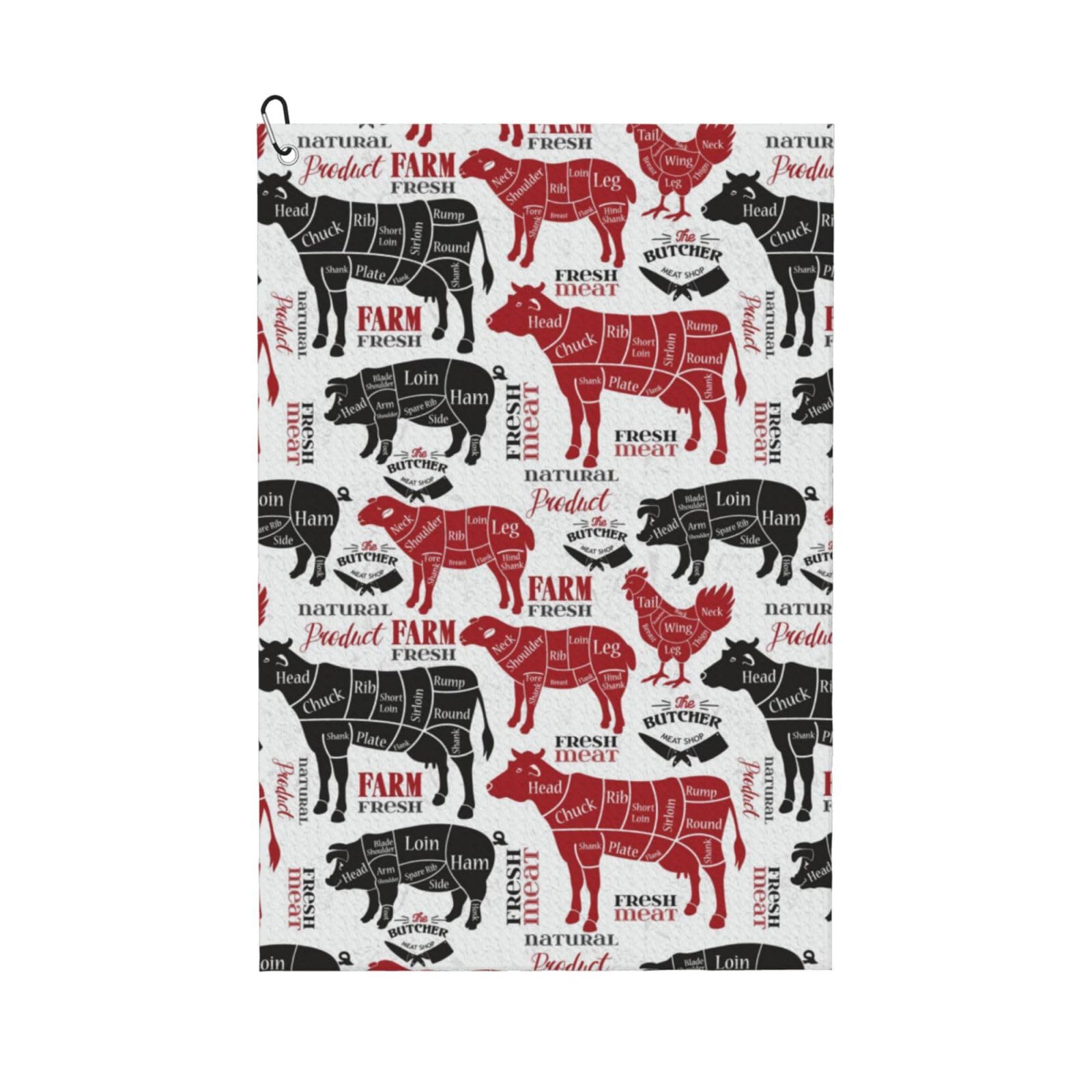 Hnnkloy Meat Cuts Diagrams Butcher Shop, 16x24 in Portable Waffle Golf Towels with Carabiner Clip for Golf Bag