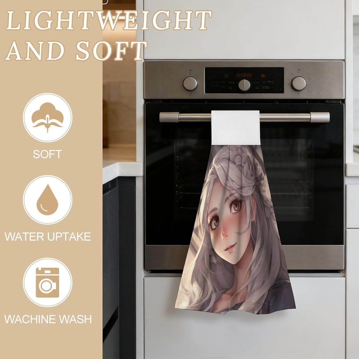 2 Pack Kitchen Towels with Hanging Loop Super Soft & Absorbent White Hair Anime Girl Hand Tie Towels Decorative Cleaning Tea Washcloth Quick-Dry Dish Towel for Bathroom Laundry Gym 19.1x12.6 image 3