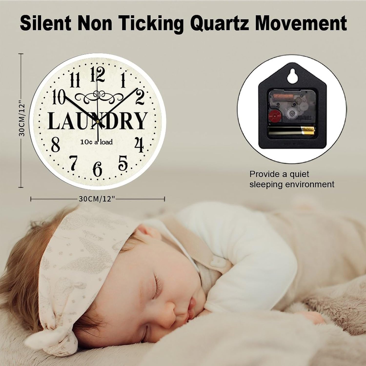 Round Wood Wall Clock Laundry Battery Operated Silent Non-Ticking Clock 12x12 Inch for Home Kitchen Bathroom Bedroom Living Room Decor