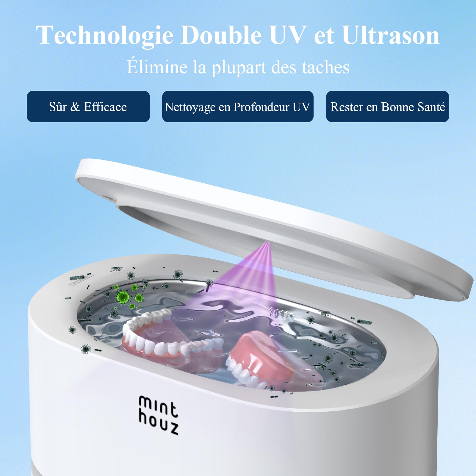 Minthouz Nettoyeur Ultrasons, 48000Hz Ultrasonic Cleaner 500ml Nettoyeur Ultrasons Lunettes avec 5 Modes, Bac a Ultrason pour Lunettes de Vue, Bijoux, Montres, Dentier, etc