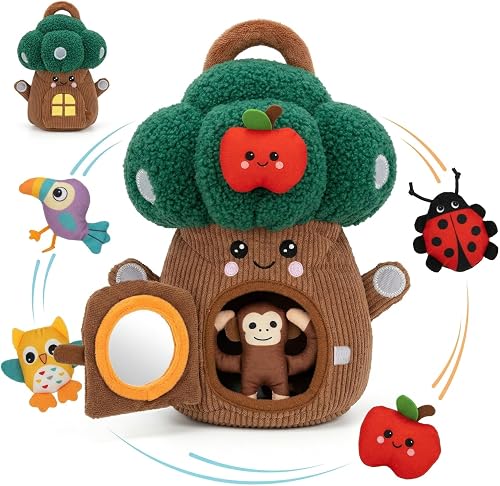 Baby Sensory Toys 6-12 Months, Montessori Plush Treehouse with Mirror, Peek a Boo Woodland Animals Put & Take Set, Fine Motor Skills Early Learning Travel Activity for Infants Toddlers Newborn Gifts