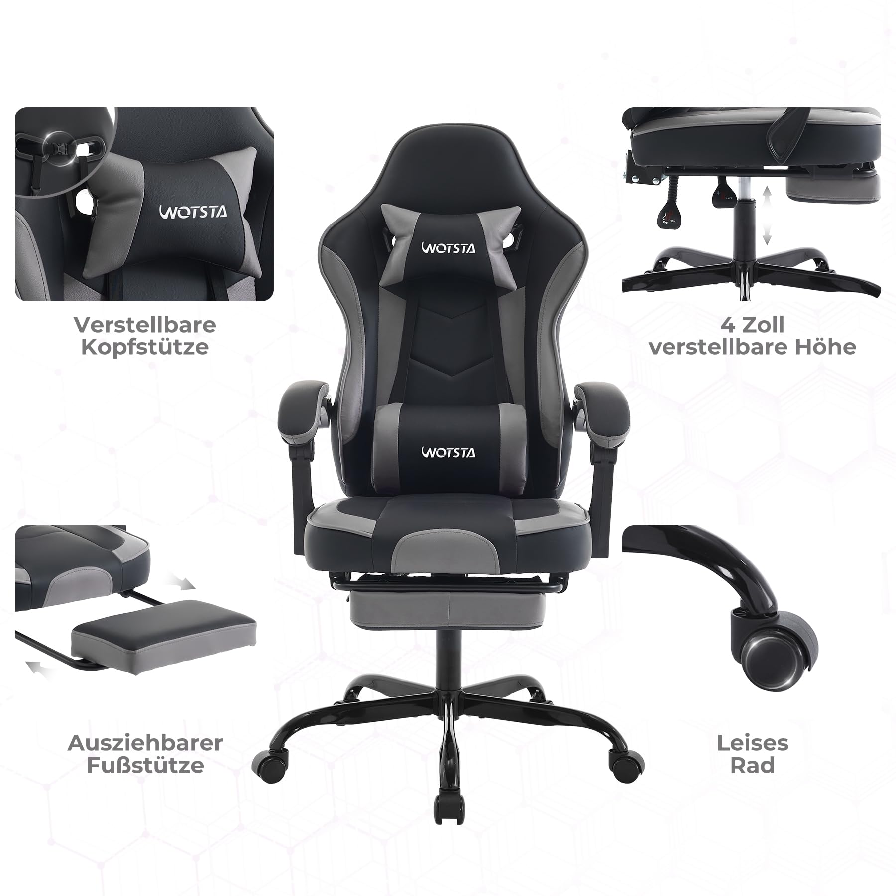 Gaming Chair Computerstuhl Ergonomischer Gaming Stuhl mit Fußstütze Bürostuhl Ergonomischer Computerstuhl mit Lendenwirbelstütze Dunkelgrau
