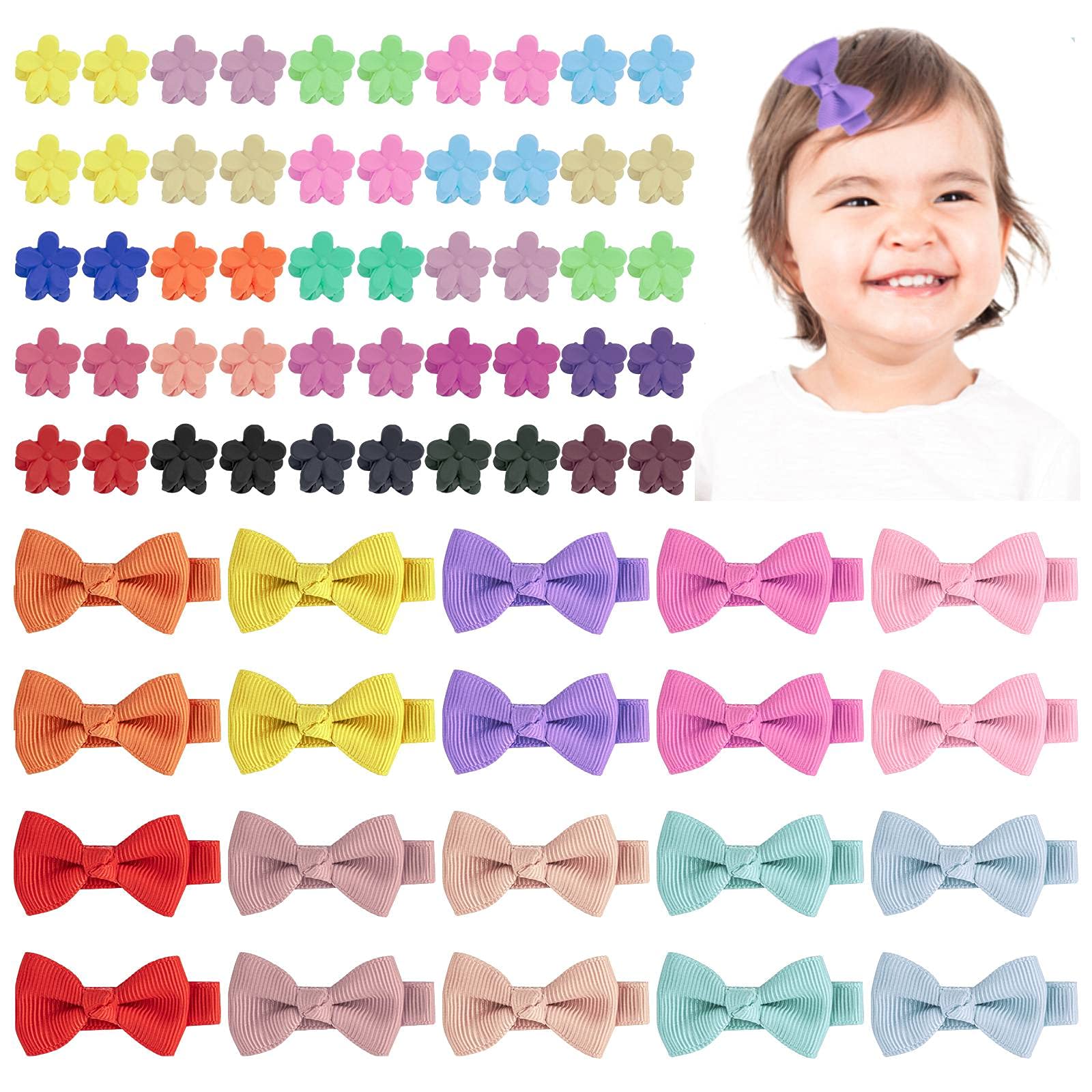 70 Pcs Baby Girls Hair Pins，Xiphum 20 Pcs Fully Lined Tiny 2" Hair Bows Alligator Clips, 50 Pcs Cute Hair Flower Claws, Hair Accessories Barrettes for Girls Infants Toddlers