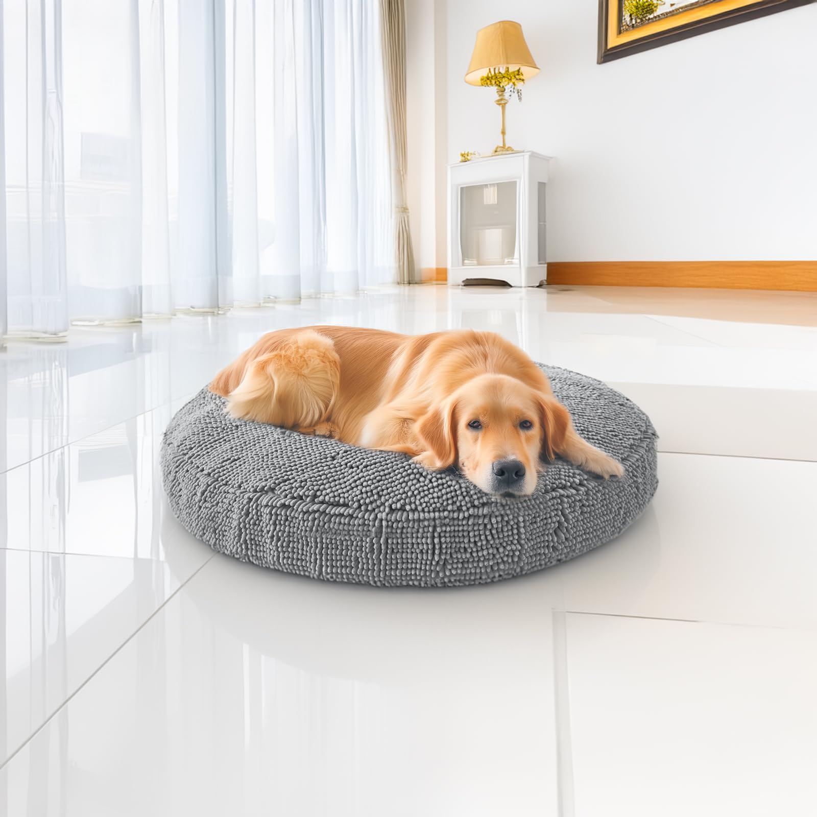 Muddy Mat® Cloud K-9 Bed for Dogs & Cats, Soft & Relaxing Round Dog Bed, Chenille Material, Removable Cover, Washable & Dryer Safe–Grey Large(40'x40')