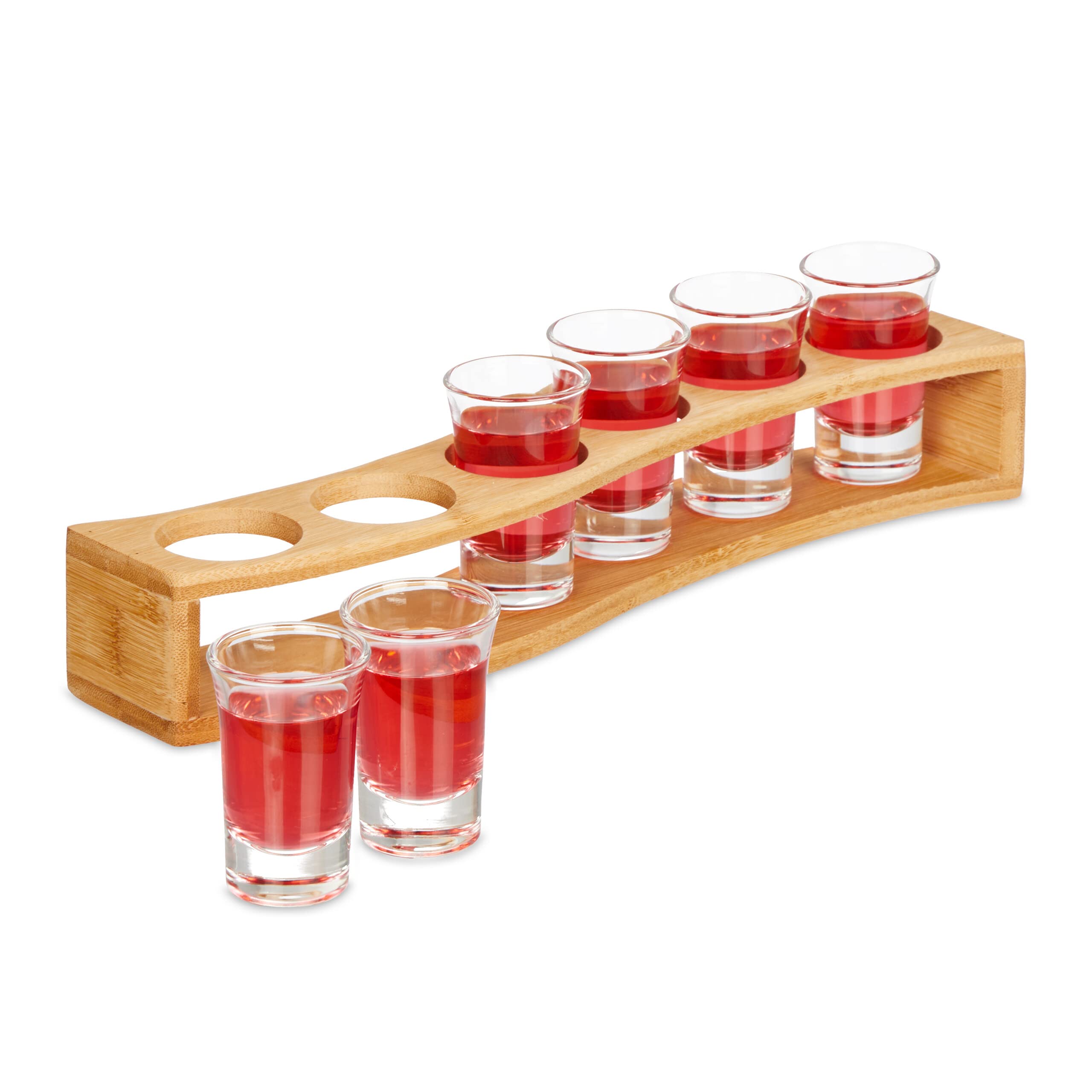 Relaxdays Deska do wódki, z 6 kieliszkami, 4 cl, wygięta deska do wódki, pomysł na prezent, uchwyt na kieliszki do wódki, bambus, naturalna