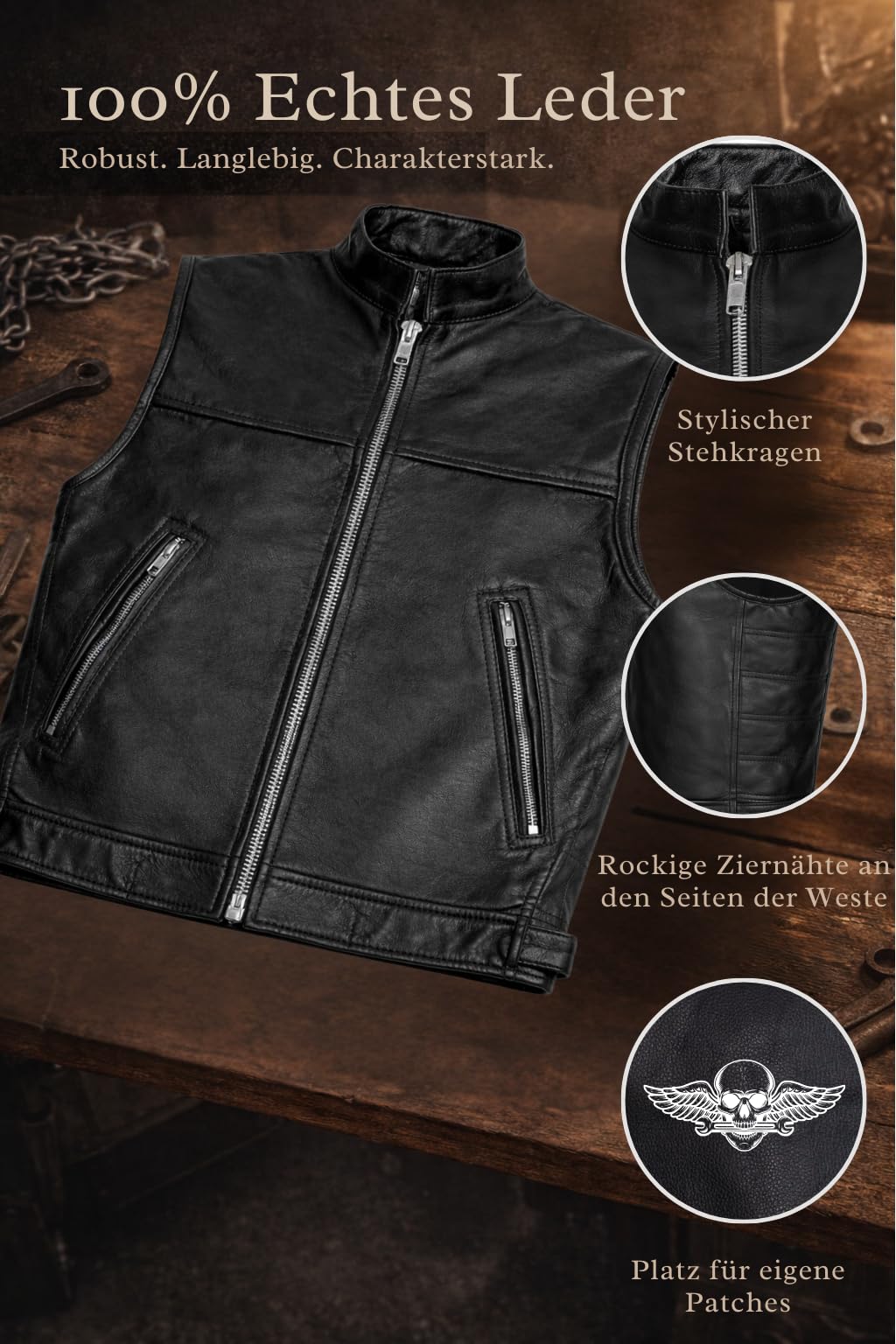 PAULGOS Lederweste Weste Kutte Leder Biker Rocker Motorrad Clubweste Bikerweste Motorradweste Schwarz BW8