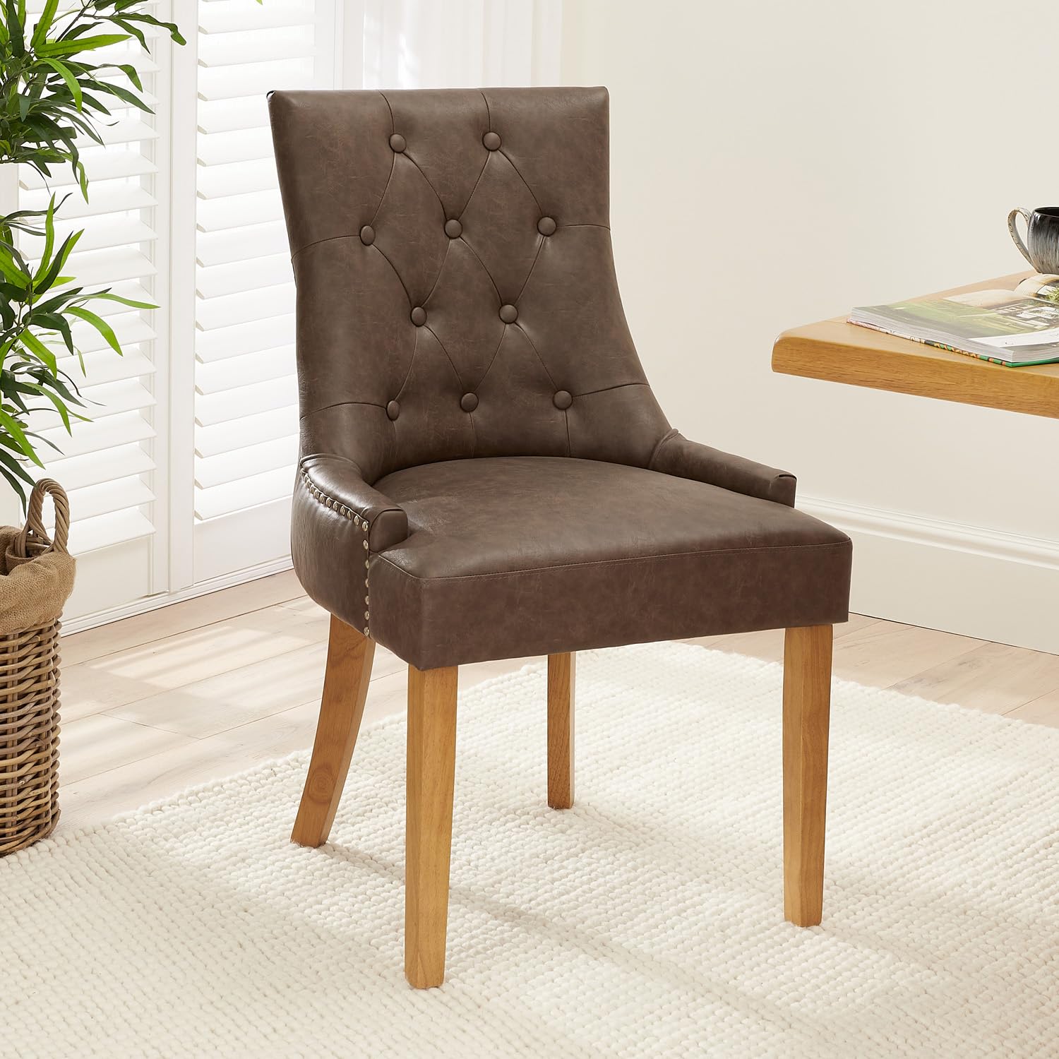 The Furniture Market Luxury Vintage Brown Faux Leather Scoop Back Dining Chair | Button Quilted Upholstery | Stud Detailing | Sprung & Webbed Seat | H 920 x W 560 x D 610mm
