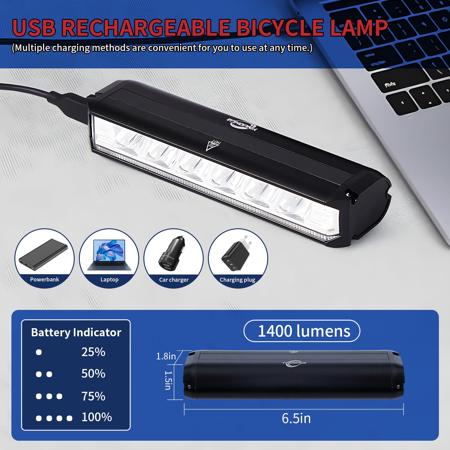 KAOUKUO Lumiere Velo 1400 lumens LED 4000mah Lampe Rechargeable USB IPX5 Étanche Phare VTT Cyclisme Nocturne