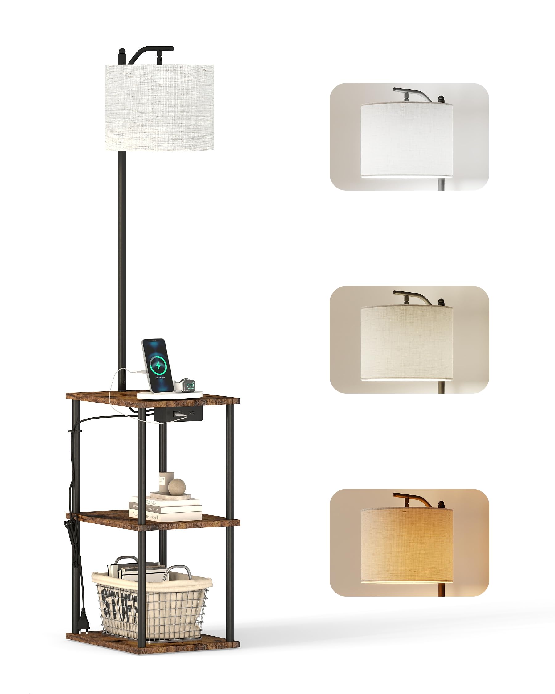 Lampara de Pie con Mesita Regulable Lectura Salon Madera Negra, Lamparas de Pie Para Salon con puertos USB y Taye - C, Floor Lamp for Living Room multifuncionales y modernas