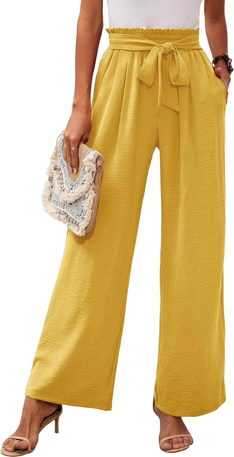 Heymoments Women's Wide Leg Lounge Pants with Pockets Lightweight High Waisted Adjustable Tie Knot Loose Trousers