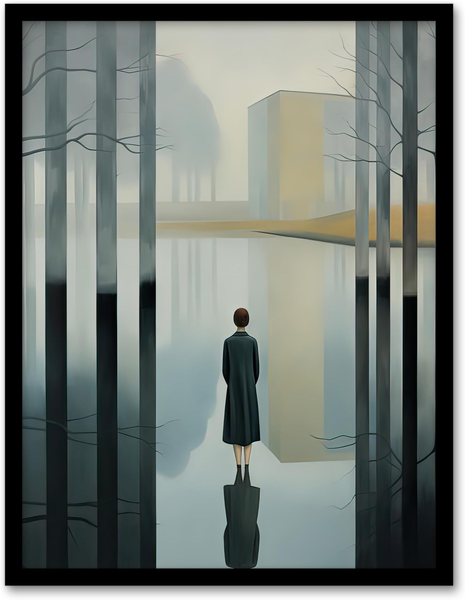 Artery8 Mist Reflection Surreal Landscape with Lone Woman Artwork Framed Wall Art Print A4