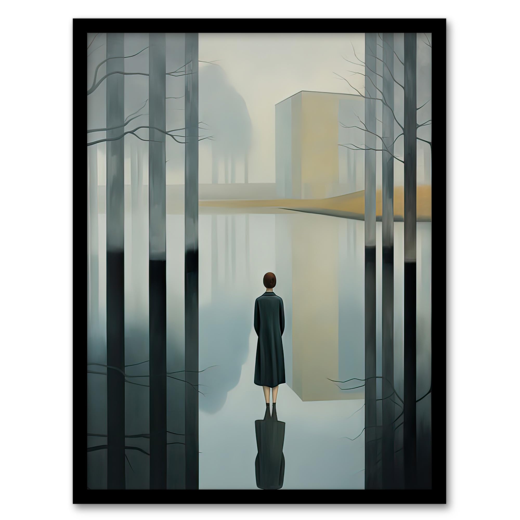 Artery8 Framed A4 Mist Reflection Surreal Landscape With Lone Woman Artwork Framed Wall Art Print A4