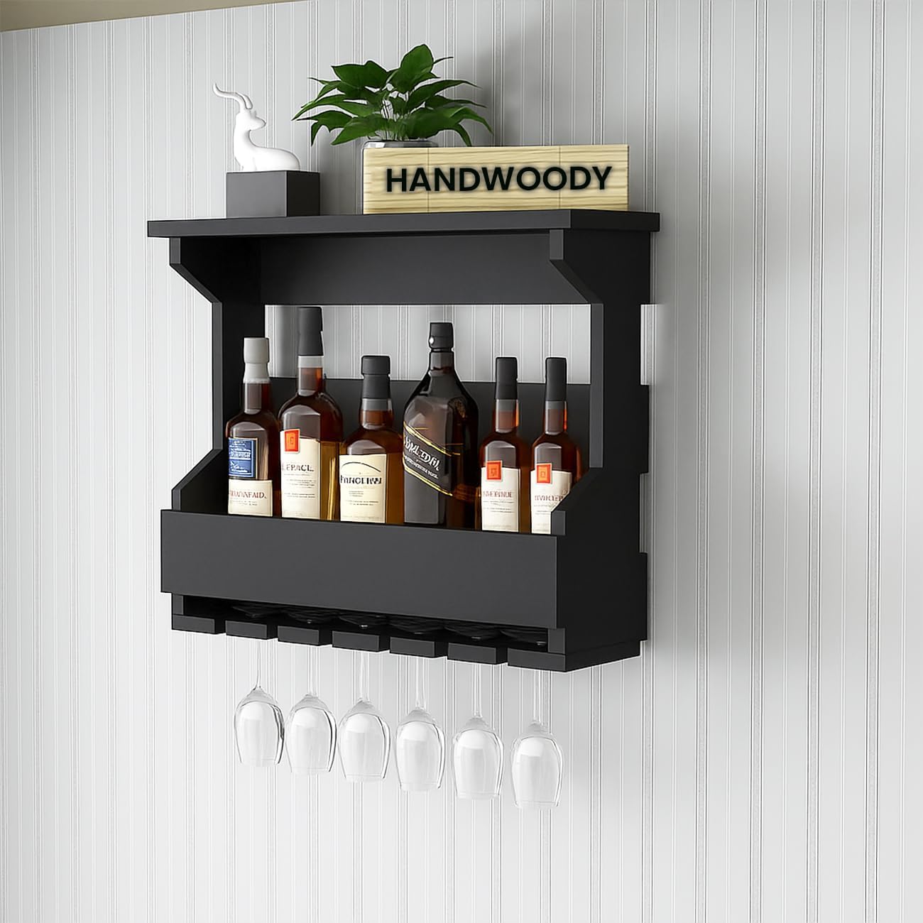 Solid Wood Wooden Wall Hanging Design Bar | Bar Cabinets for Home | Mini Bar for Home | Wooden Make Wine Storage Cabinet with Glass Hanging Space in (Black)-image-29