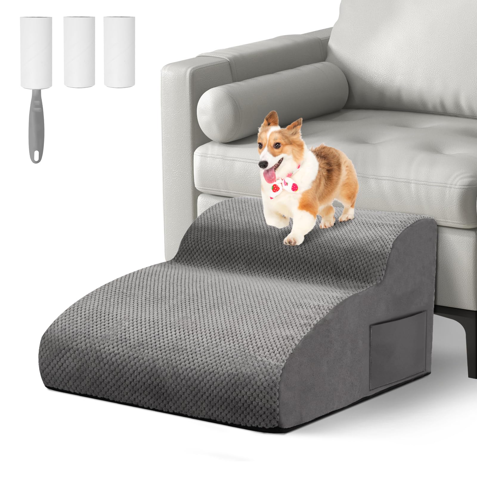 Otauoaea Escalera para Perros, Escaleras para Mascotas de Espuma de 2 peldaños para Cama/sofá, Rampa para Perros Pequeños y Gatos con Funda Lavable y Fondo Antideslizante, Enviar Rodillo de Pelusa