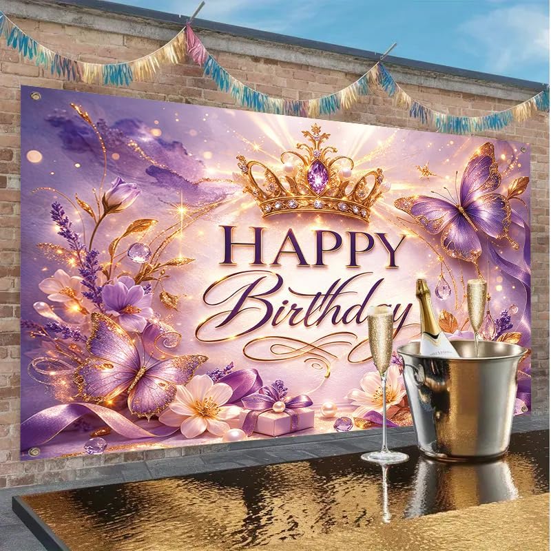 Happy Birthday Banner Purple Butterfly Crown Theme 71 x 43 Inch Elegant Birthday Party Decoration Backdrop Wall Hanging Polyester Banner Indoor Covered Outdoor Display