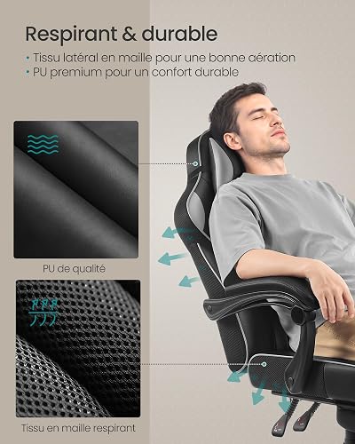 SONGMICS Fauteuil de Bureau, Chaise Gaming, RÉglable, Repose-pieds TÉlescopique, MÉcanisme À Bascule, Appui-tÊte, Support Lombaire, Charge 150 kg, Noir d'Encre et Gris Tourterelle OBG073B03 - 8
