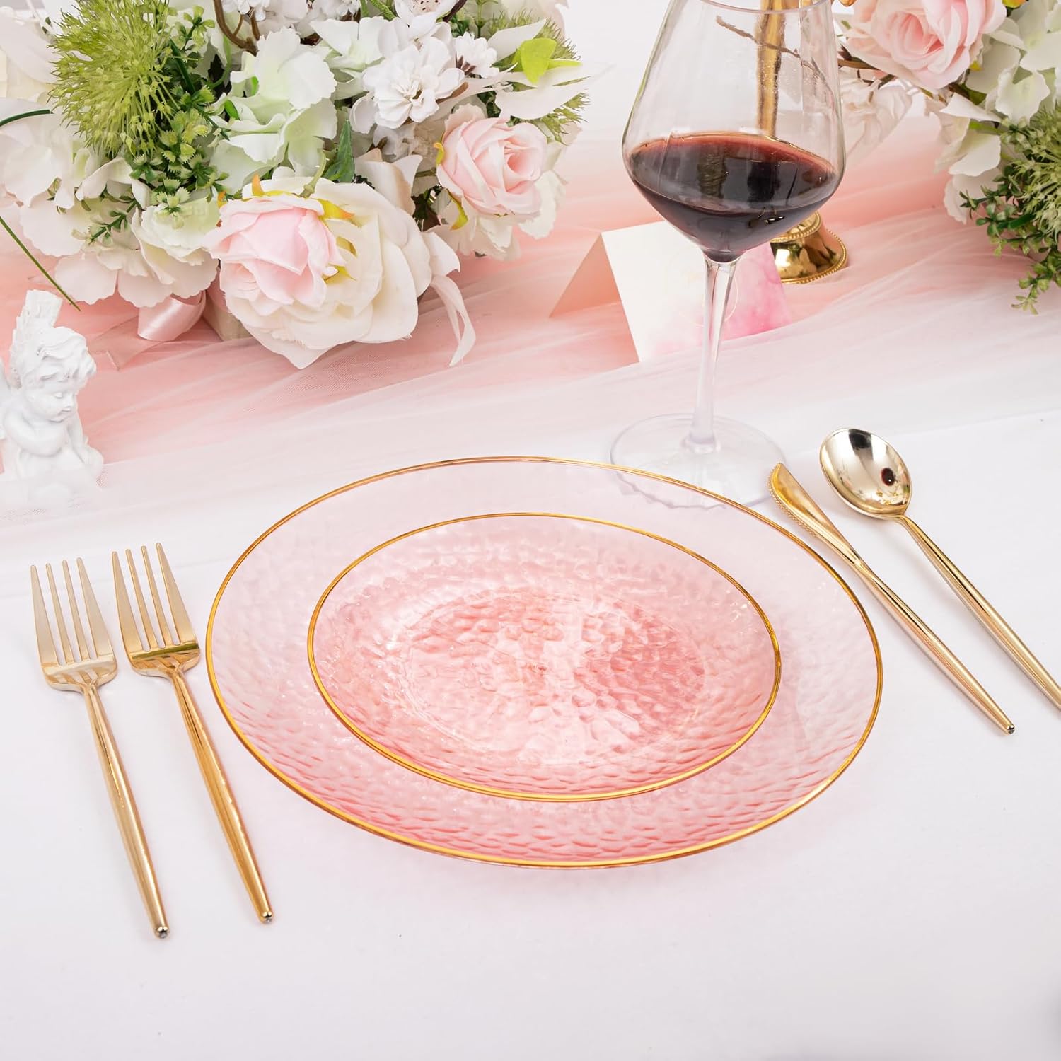 Rubtlamp 60Pcs Pink Plastic Plates,Clear Pink Plates With Gold Rim,Hammered Gold Plates Include 30Pink Plastic Dessert Platos, 30Gold Dinner Platos For Party