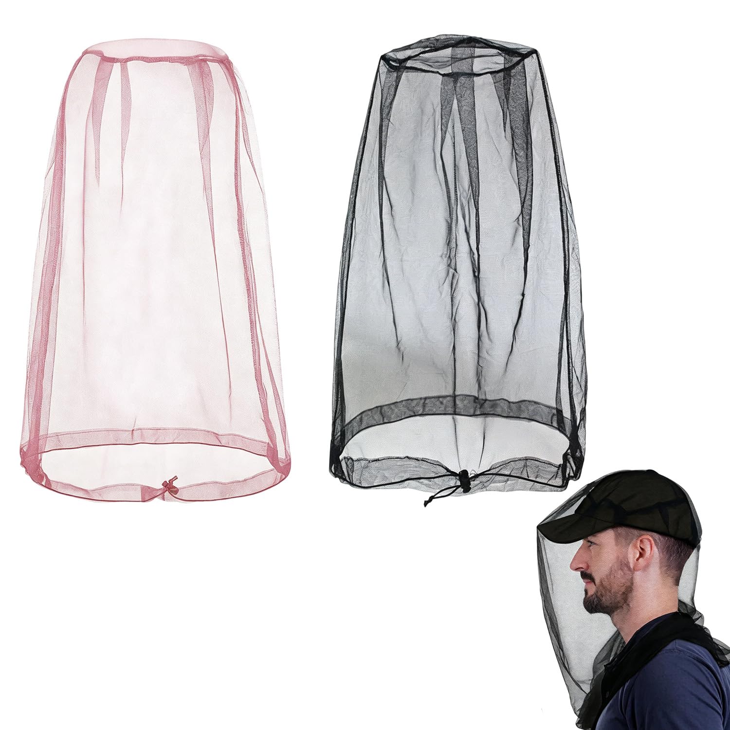 2 Pezzi Cappello con Rete Antizanzare, Rete per Zanzariera Viso 46x46cm per Esterno, Protezione Insetti per Pesca, Trekking e Apicoltura, Nero e Rosa