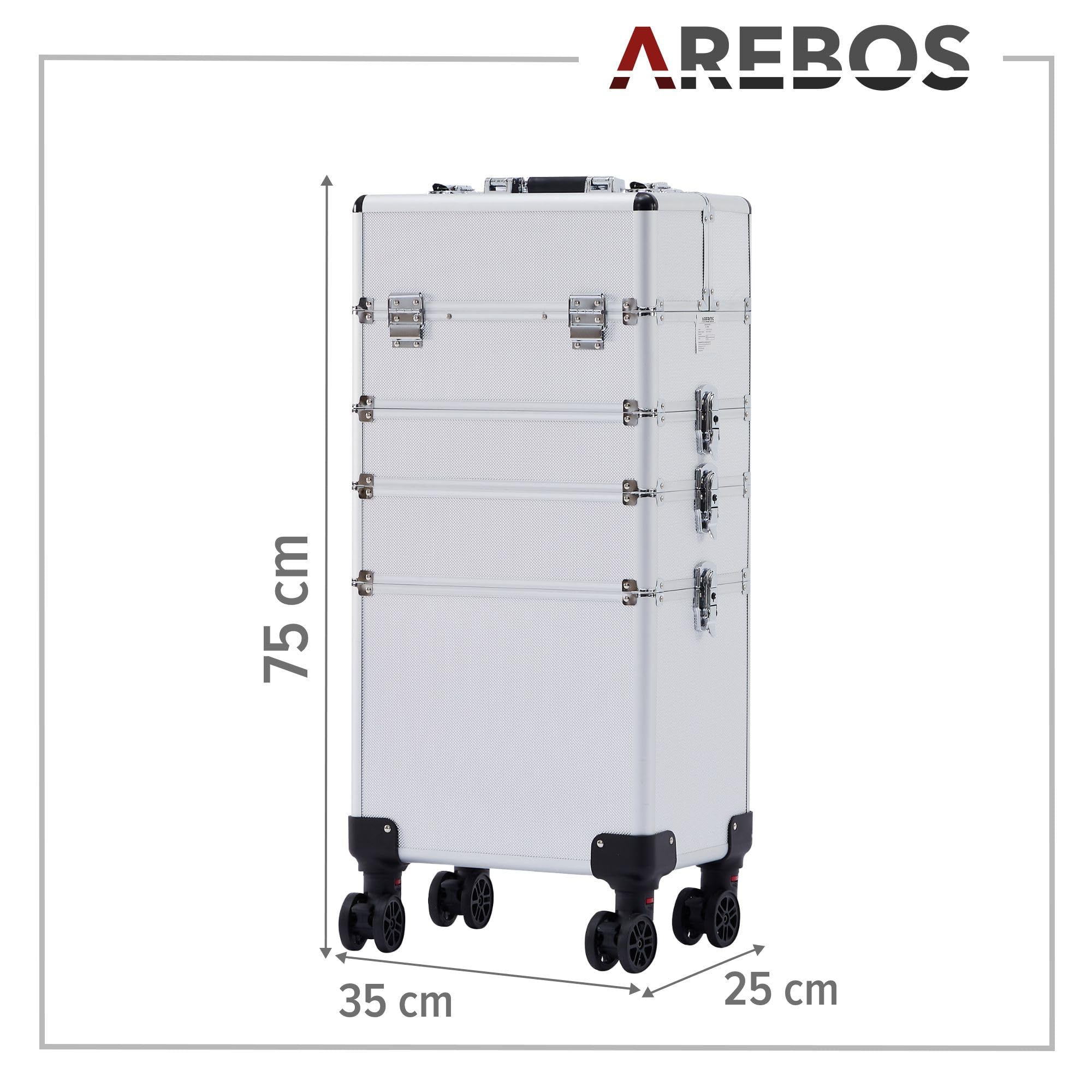 Arebos | valigia per cosmetici | valigia professionale per il trucco | valigia per il trucco 3 in 1 da viaggio | chiudibile a chiave | con ruote universali rotanti a 360° | Argento
