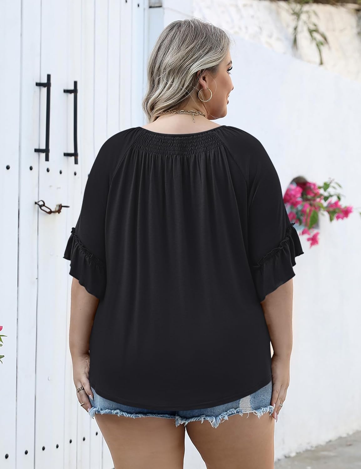 Micoson Womens Plus Size Tops 3/4 Ruffle Sleeve Shirts Crewneck Pleated Blouses Dressy Casual Fashion Tunic Top (1X-5X) - Image 2