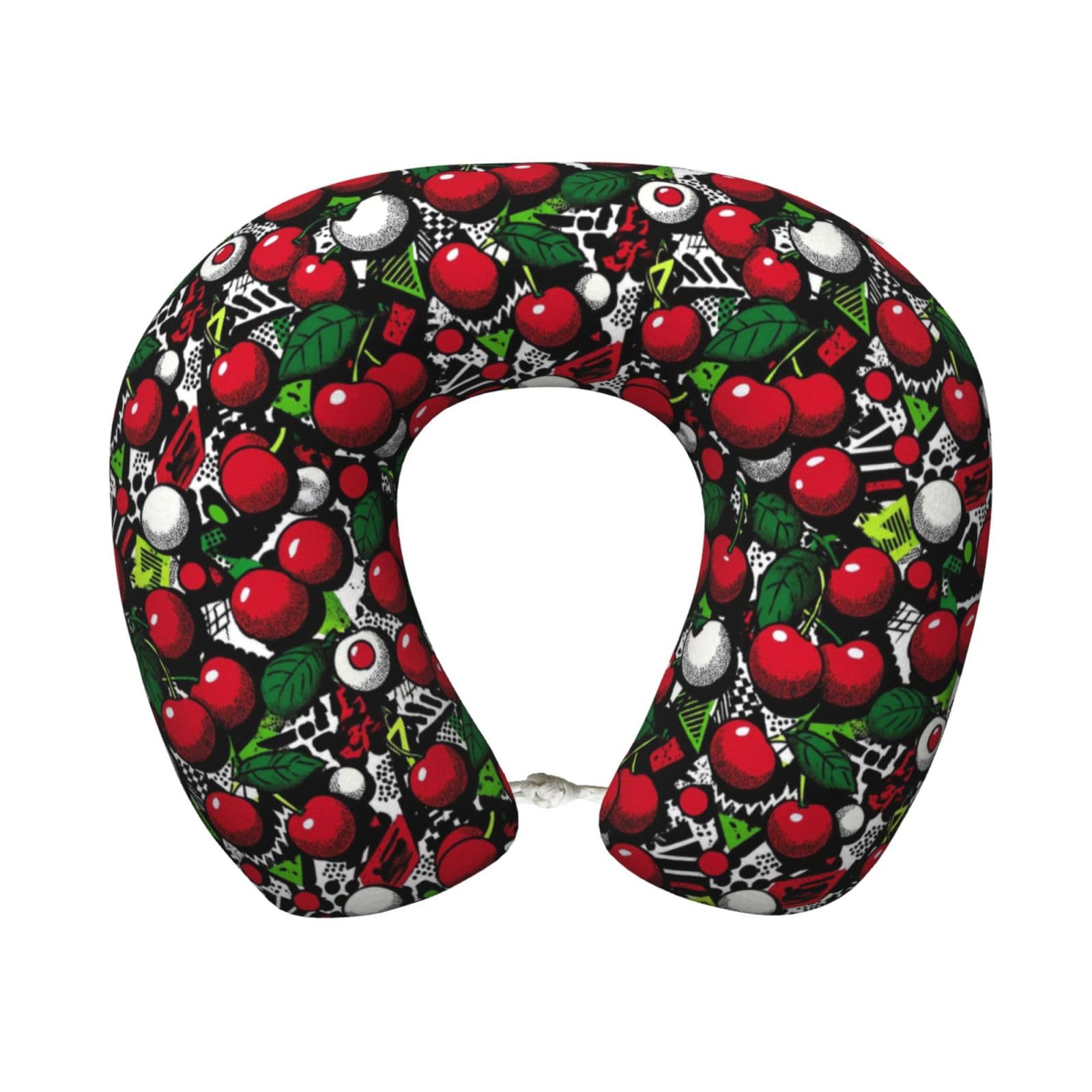 peiyeety Cherry Print Travel Pillow Memory Foam, Portable Neck Pillow for Airplane, Car and Office