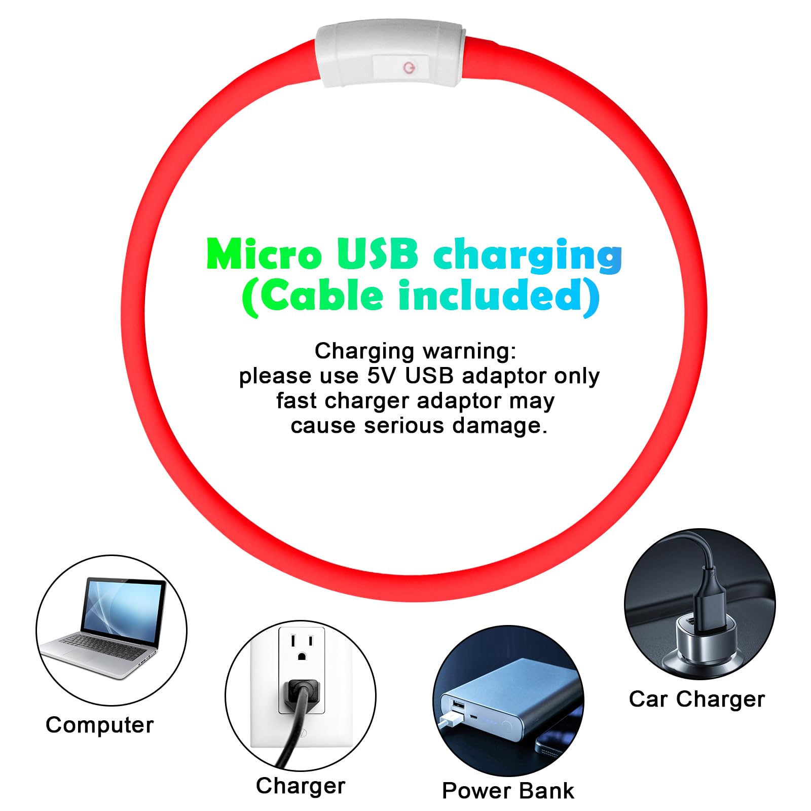 AUAUY Collare Luminoso per Cani, Collare per Animali Domestico LED Ricaricabile USB, Collare di Lunghezza Regolabile con 4 Modalità Luminose per Cani di Taglia Piccola Media Grande - Rosso