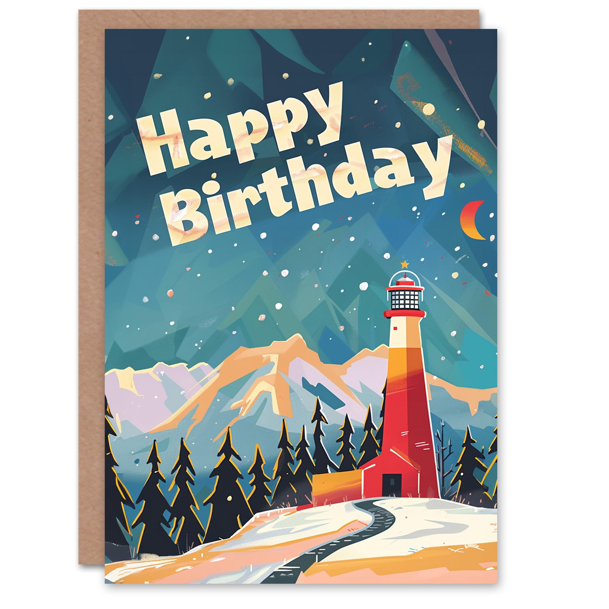 Artery8 Birthday Card Lighthouse in Winter Mountains Painting For Him Man Male Dad Brother Son Papa Grandad Greeting Card