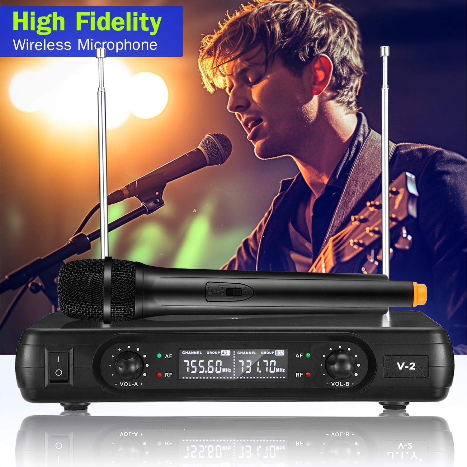 Facmogu V2 Pro Wireless Microphone System, Dual Channel Wireless Handheld Microphone, Easy-to-use Handheld Wireless System with 2 Handheld Mic, Metal Cordless Mic Set for Church Wedding DJ Karaoke