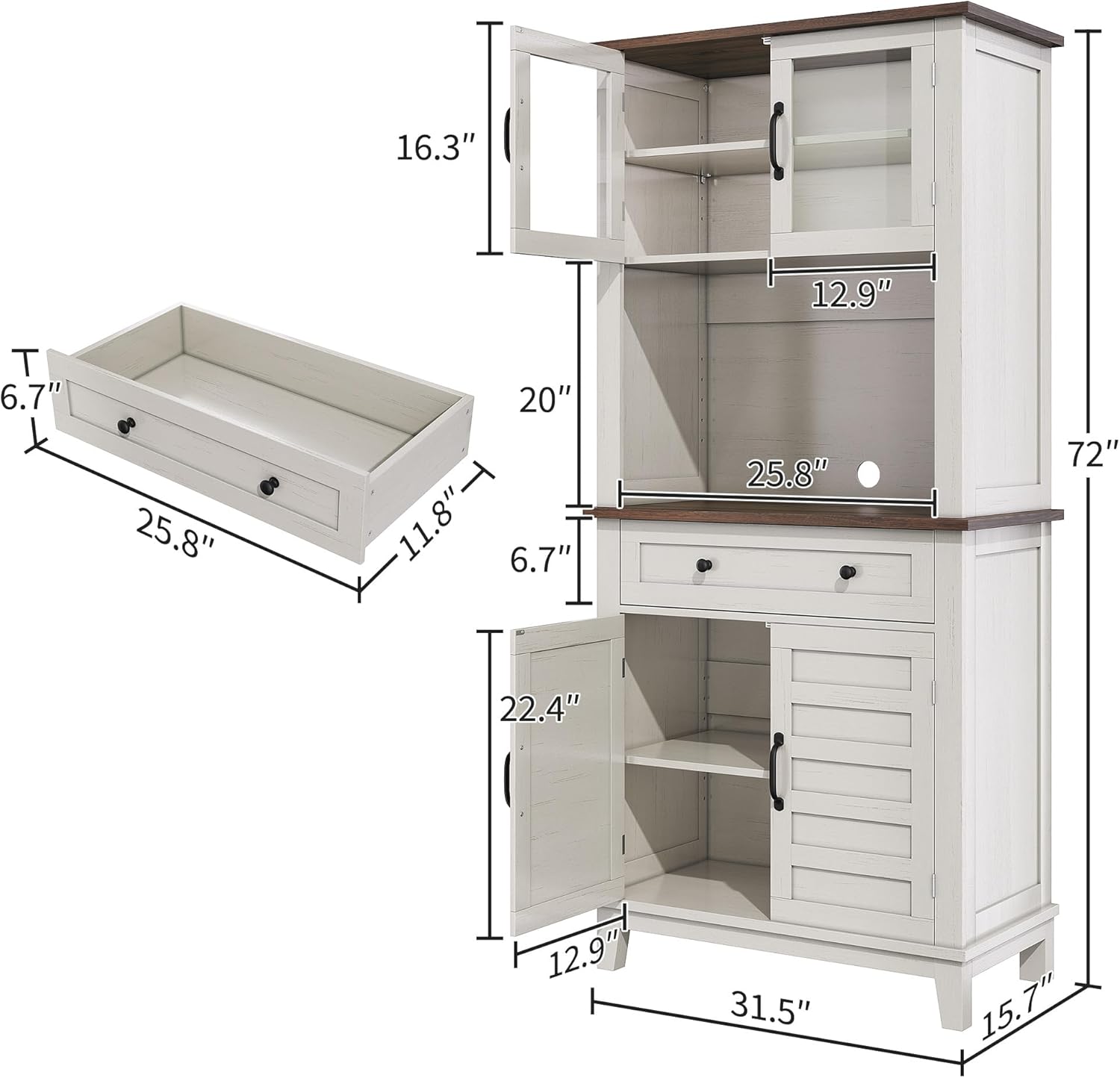 Elegant White Modern Wood Pantry Coffee Cabinet with Ample Storage, Spacious 72" Tall Kitchen Bar Cabinet Hutch Featuring 4 Stylish Glass Doors & 1 Smooth Drawer, Versatile Stand-Alone Food Pantry