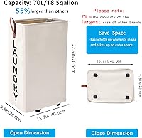 Vista 3 de Cesta de Ropa Sucia Rodante Grande de 70L - Cesta Alta y Estrecha con Ruedas, Contenedor Delgado para Ropa, 27.5" Beige