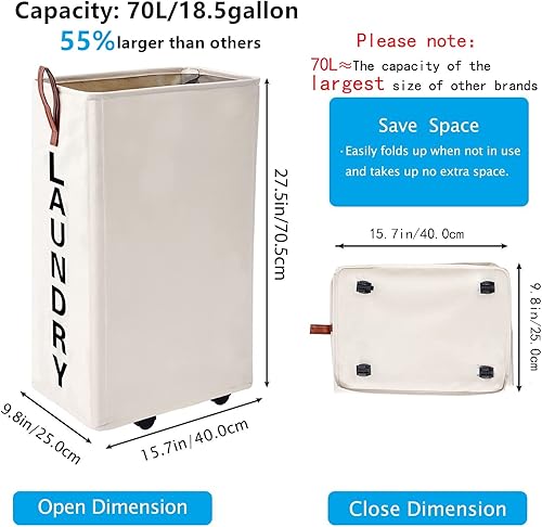 Miniatura 3 de Cesta de lavandería grande de 92 litros con mango de cuero, cesta de lavandería estable con ruedas, canasta grande, cesta de lavandería con ruedas,