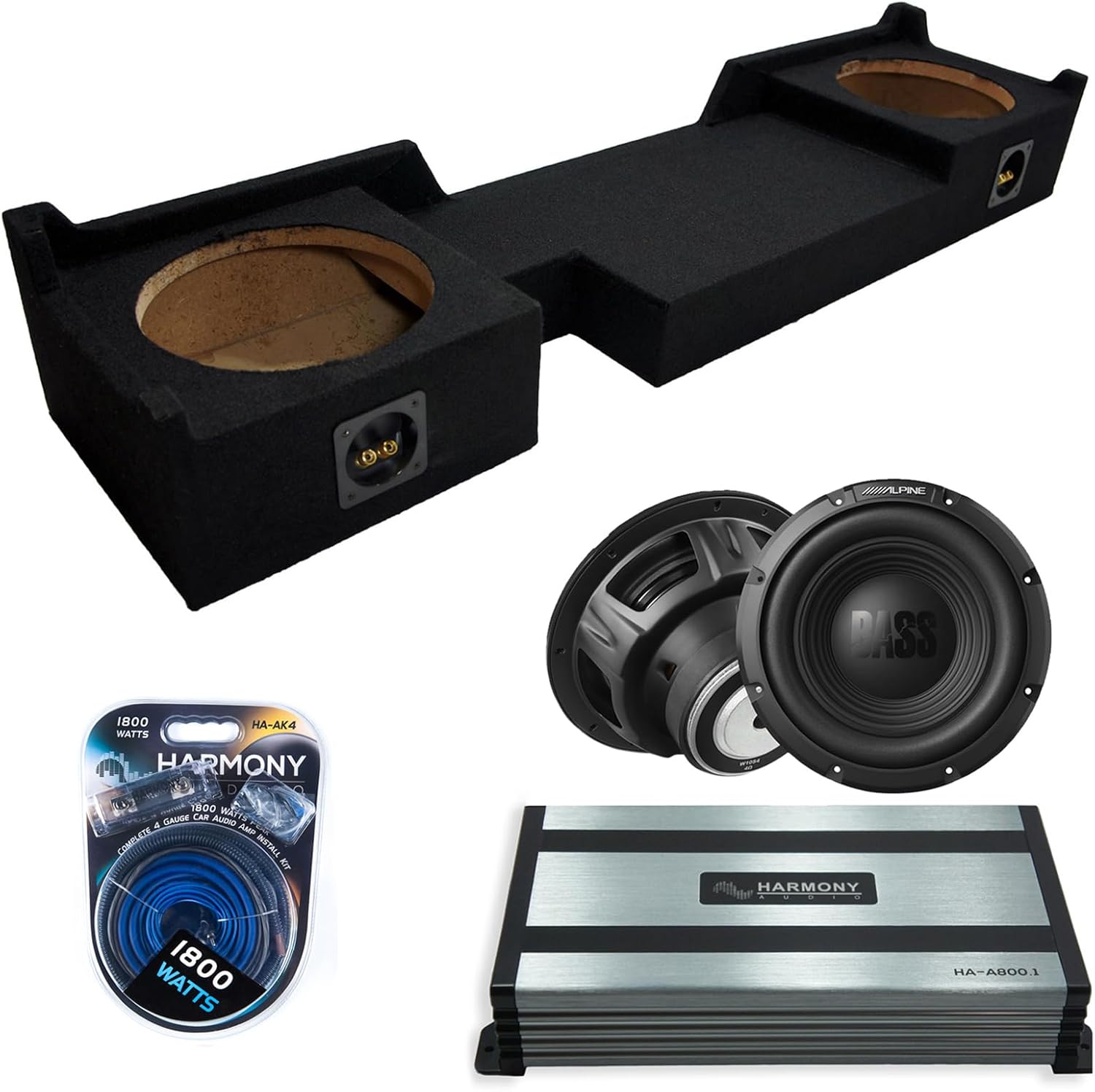 Harmony Audio Alpine Compatible with 2004-2008 Ford F150 Super Crew Extended Cab W10S4 Dual 10" Subwoofer 500W Loaded Sealed Sub Box Enclosure Bundle | HA-A800.1 800W Amplifier, 4GA Amp Wiring Kit