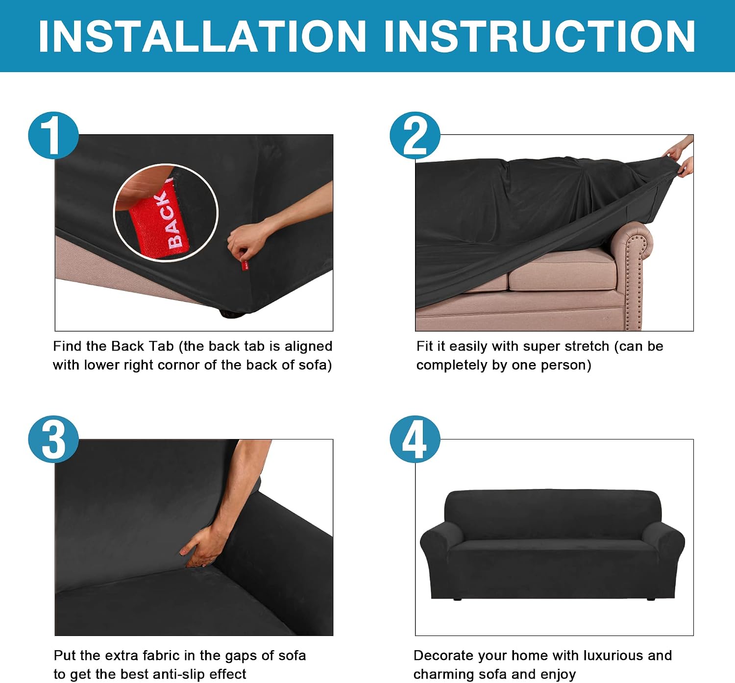Velvet Stretch Sofa Covers Loveseat Couch Covers for 2 Cushion Couch Loveseat Covers for Living Room, Loveseat Slipcovers Pets Friendly, Thick Soft Washable, Secure with Strap (58"-72, Black)
