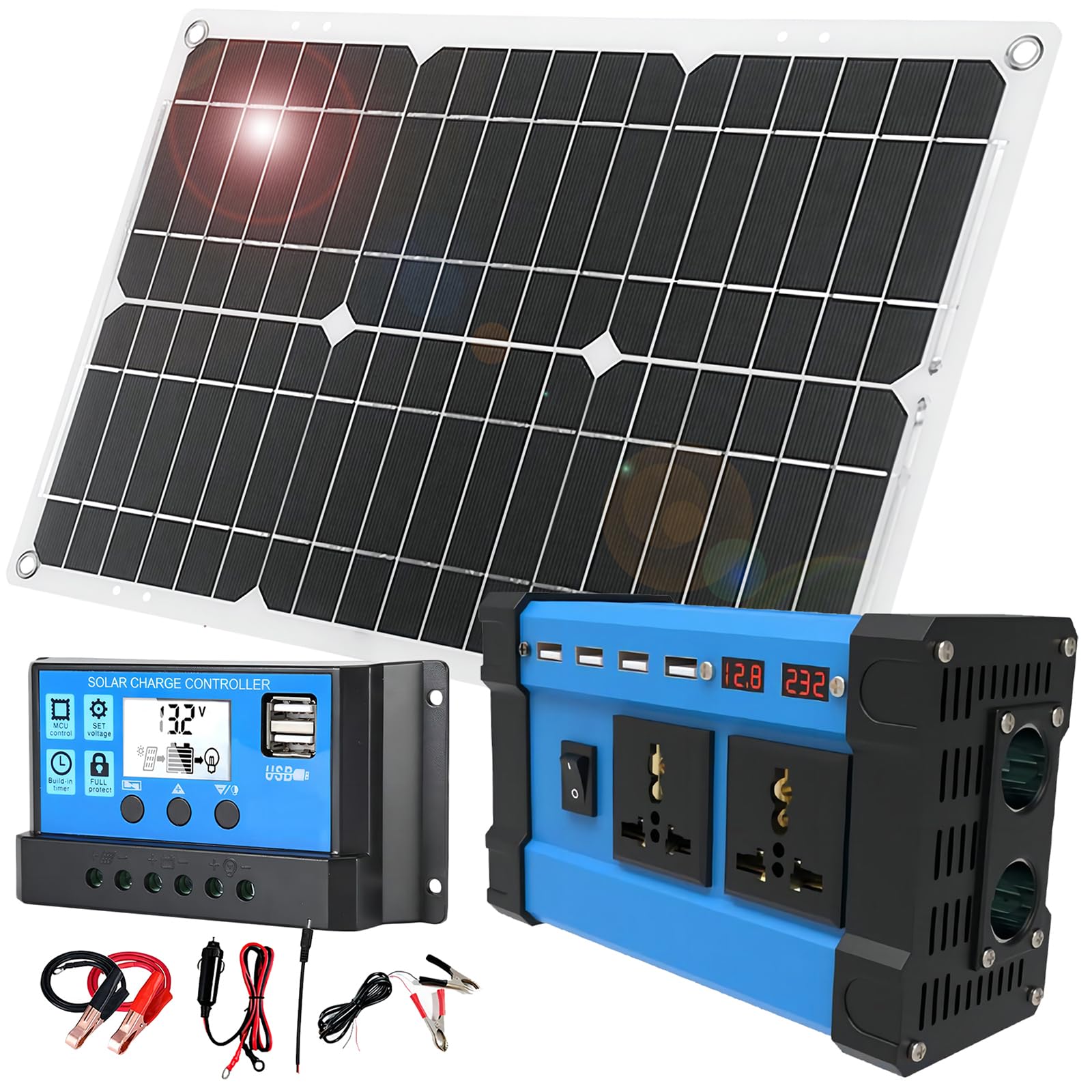 SXYKXYDL 500W Pure Sine Wave Inverter & 18W Monocrystalline Solar Panel Kit for RV and Boat - 30A PWM Controller Included