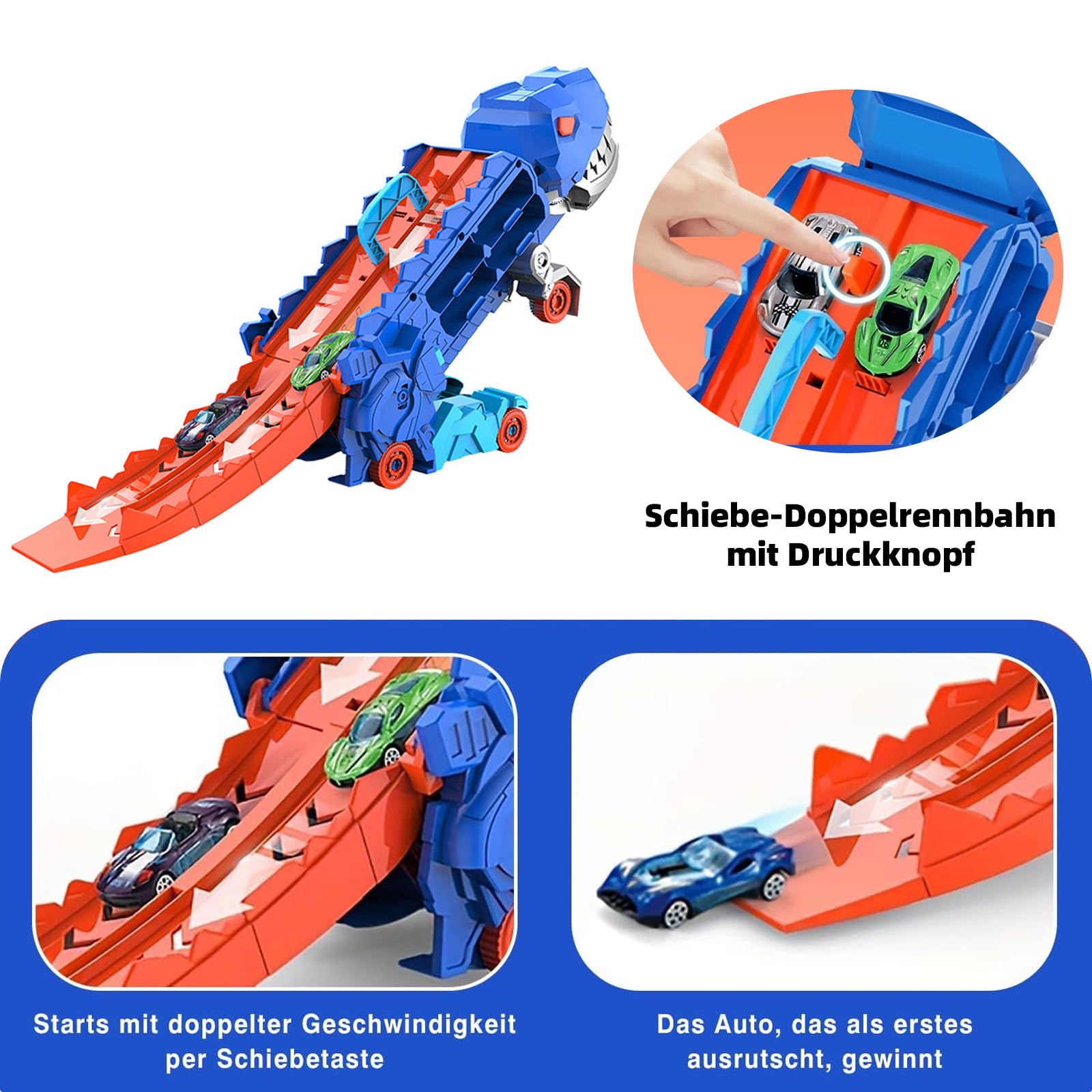 Xylota Dinosaurier Transport Truck Spielzeug für Jungen ab 3 4 5 6 7 Jahren – 2-in-1 Rennstrecke zum Umklappen mit 12 Pull-Back Autos & Dinos, Geschenkbox inklusive (Blau)