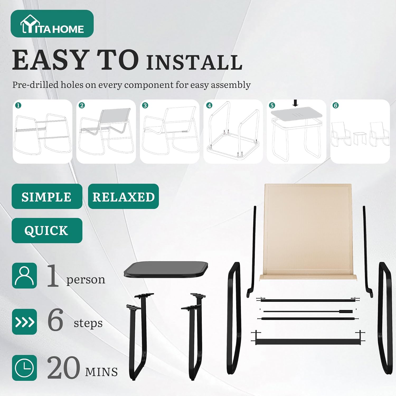 YITAHOME 3 Piece Patio Furniture Set, Small Outdoor Conversation Set with Textilene Fabric Bistro Rocking Chairs and Glass Table for Balcony Backyard Lawn Porch Garden Poolside (Brown)