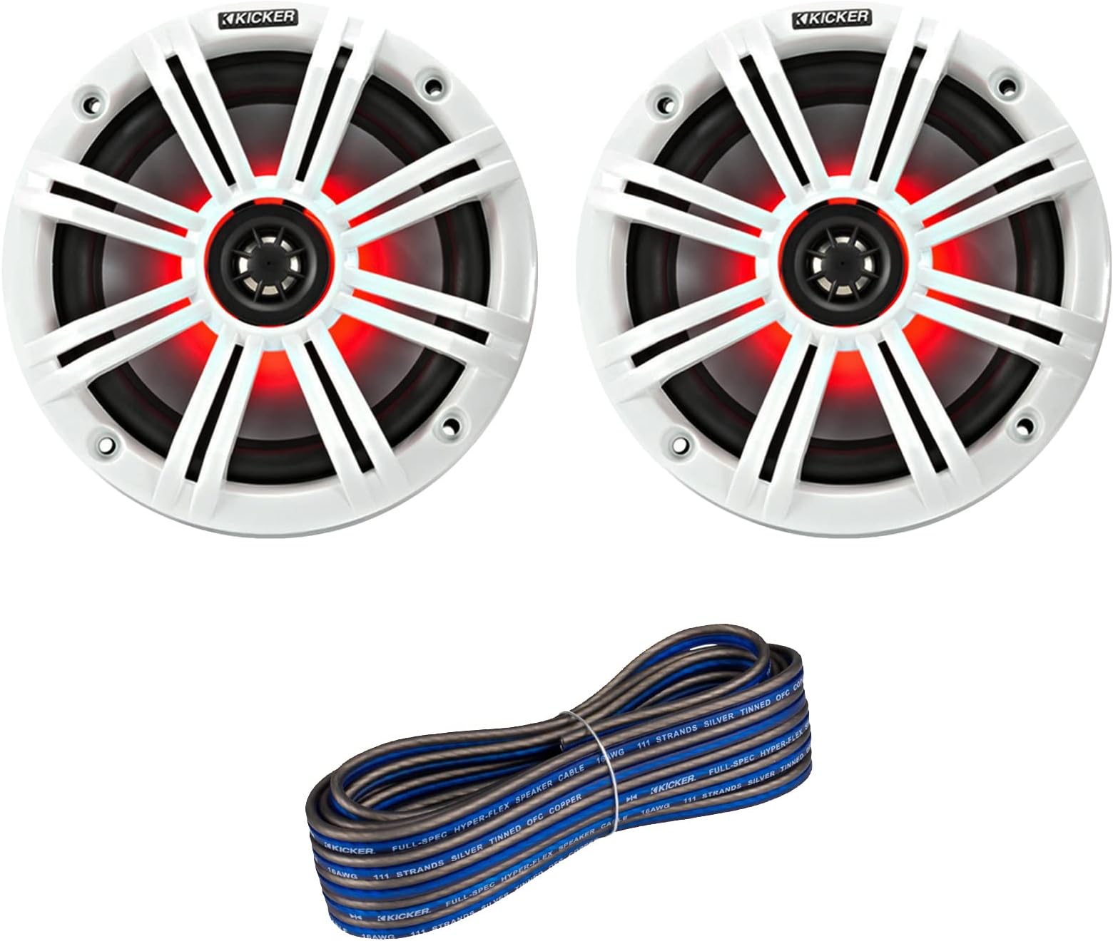 1 Pair (Qty 2) of Kicker 6.5" 2-Way 195 Watts Max Power Coaxial Marine Audio Multicolor LED Speakers with White Grilles, 50-Feet 16 Gauge Speaker Wire