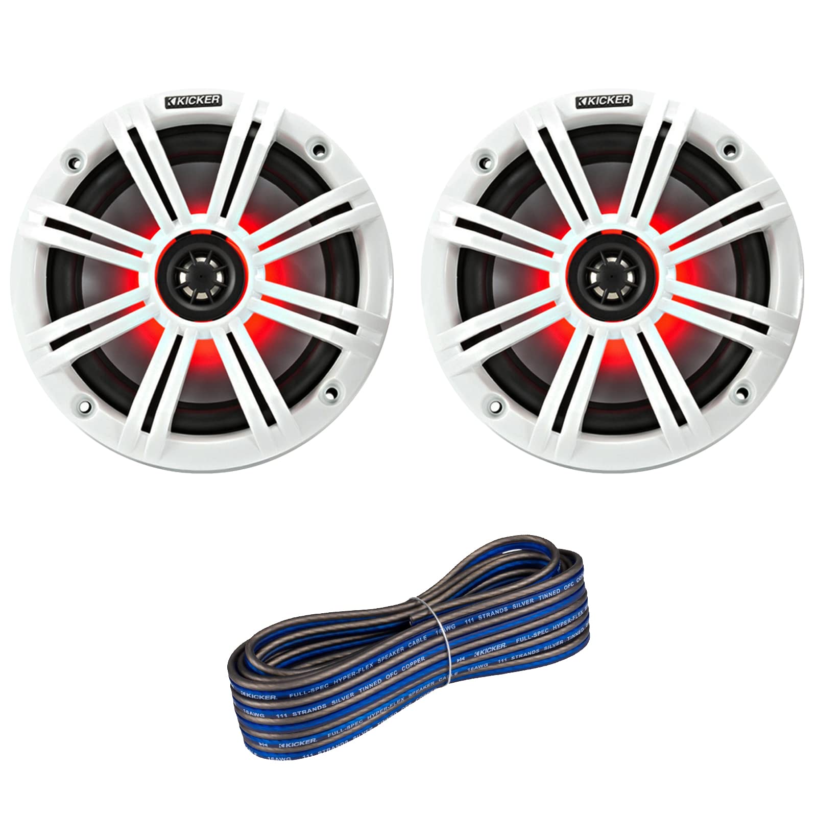 Kicker - 1 par (2 unidades) de altavoces LED multicolores coaxiales de audio marino de 6.5 pulgadas, 2 vías, 195 vatios de potencia máxima, con rejillas blancas, cable de altavoz de calibre 16 de 50