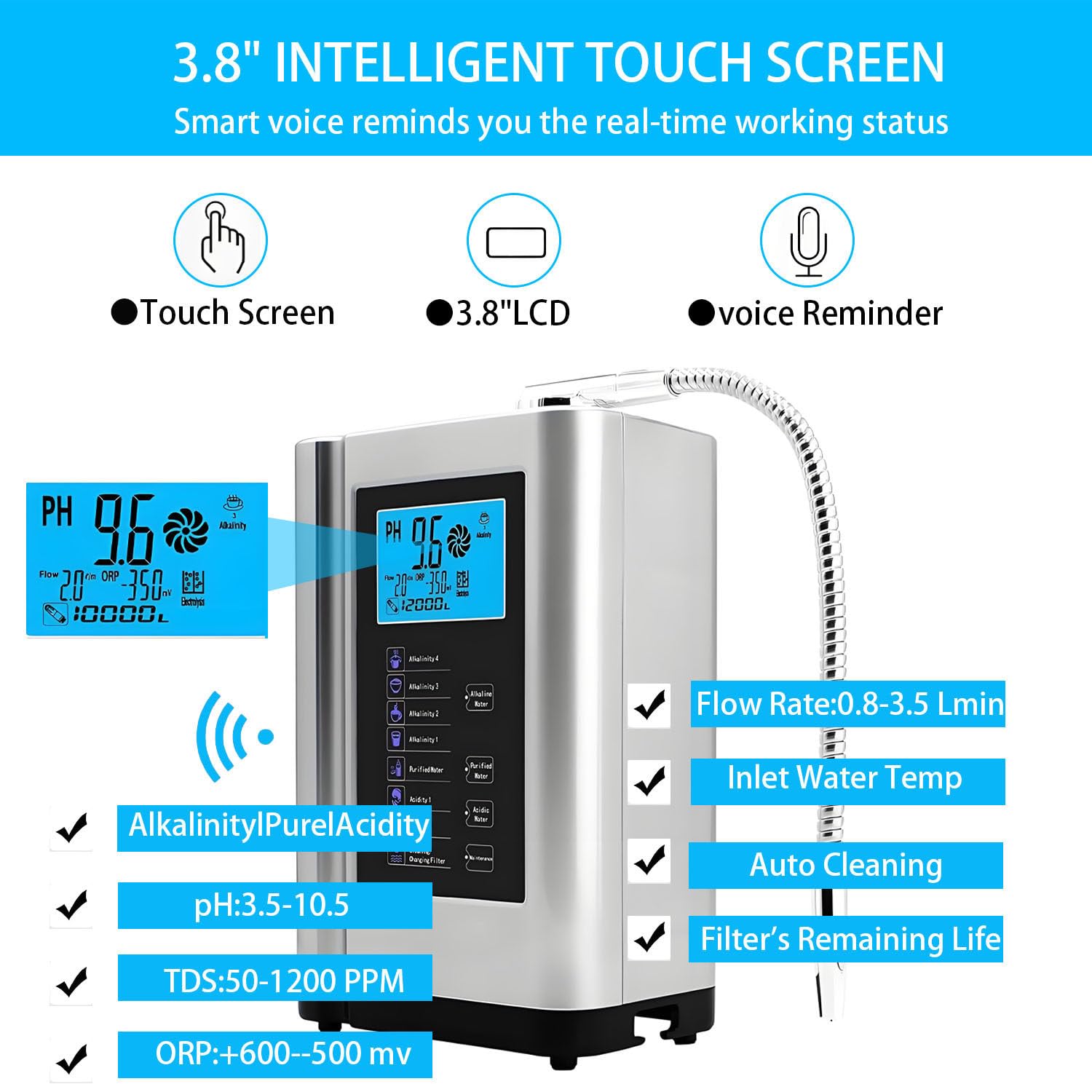 Macchina purificatrice d'Acqua, ionizzatore d'Acqua alcalina, 7 impostazioni alcaline/acide PH 3.5-10.5, Filtro Interno da 8000 Litri, autopulizia, Display LCD e messaggi vocali. White