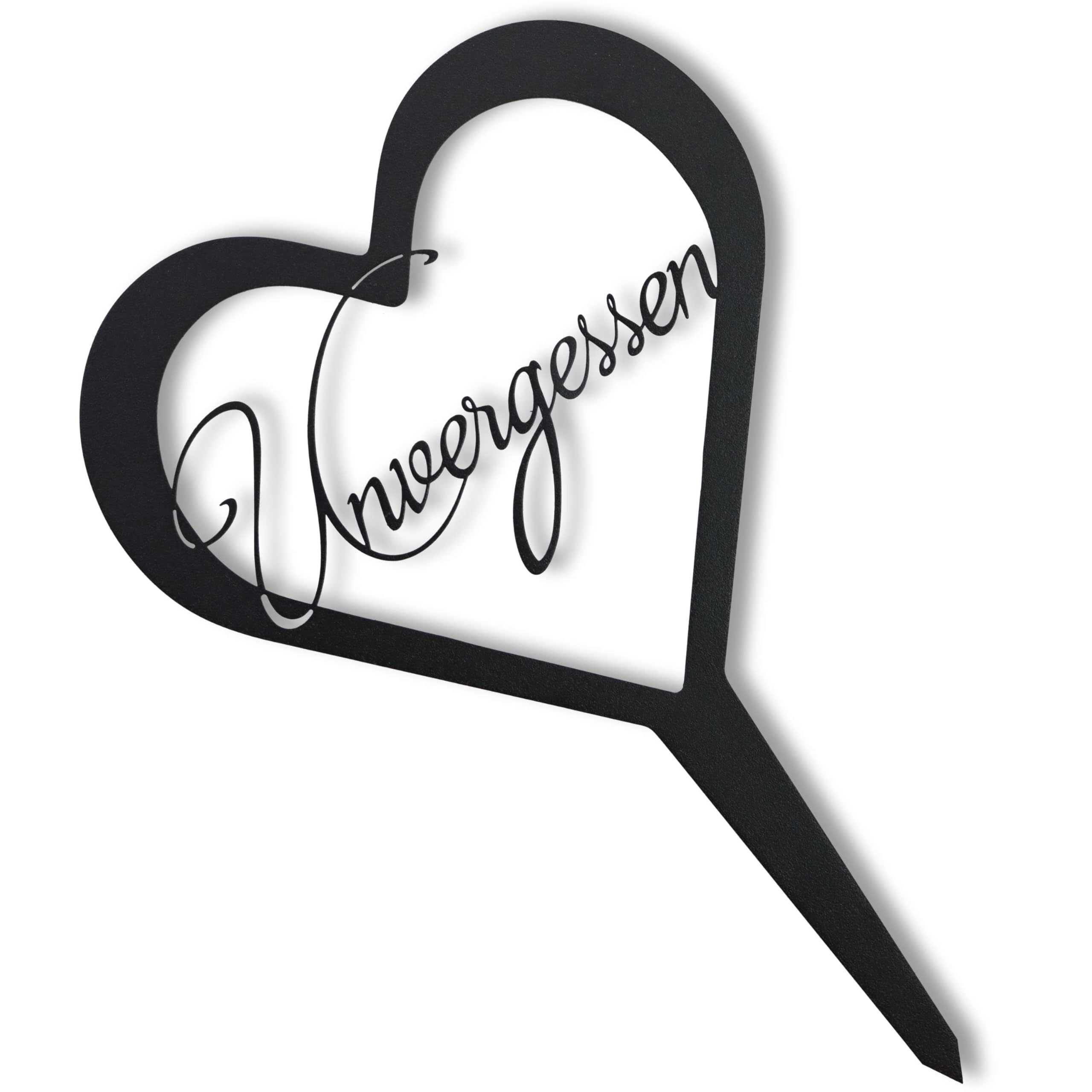 Rostikal Straordinaria decorazione per sepoltura a forma di cuore con incisione, resistente alle intemperie, nero, 23 x 35 cm, con picchetto, decorazione per lutto come decorazione per cimitero