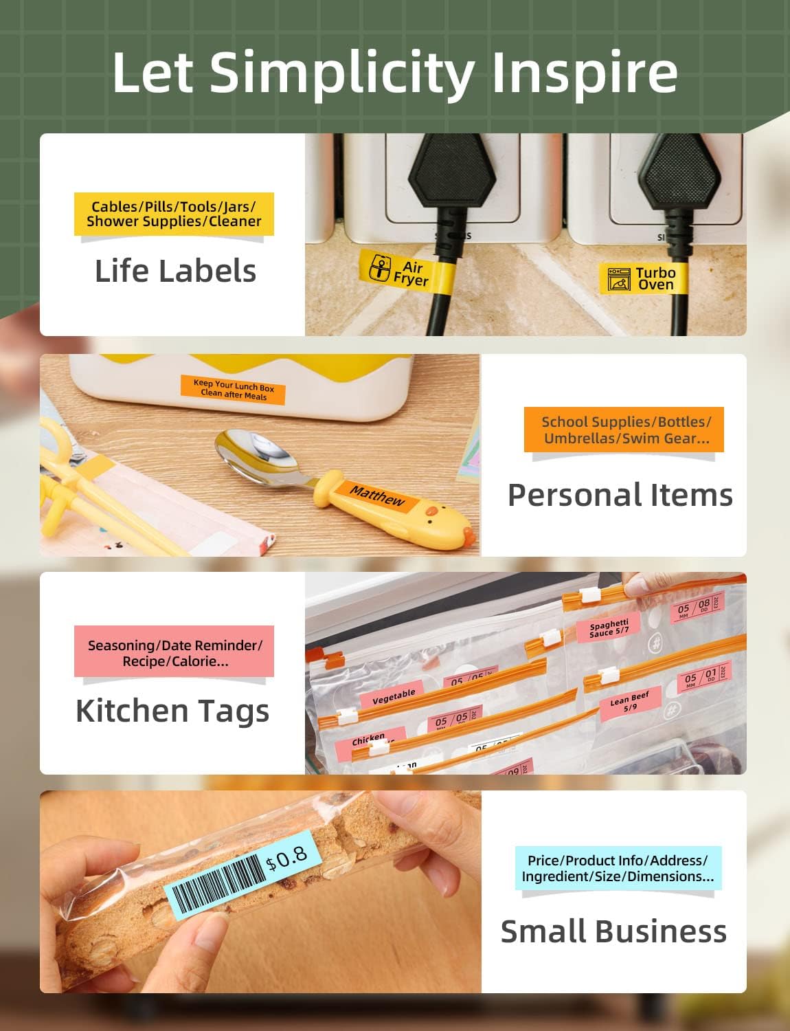 Examples of labels used for home, kitchen, and small business