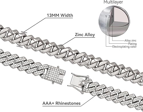 Miniatura 3 de Cadena de eslabones cubanos para hombre, 0.51 pulgadas de ancho, plataoro, cadena cubana AAA+, diamantes de imitación, aleación de zinc, cadenas de