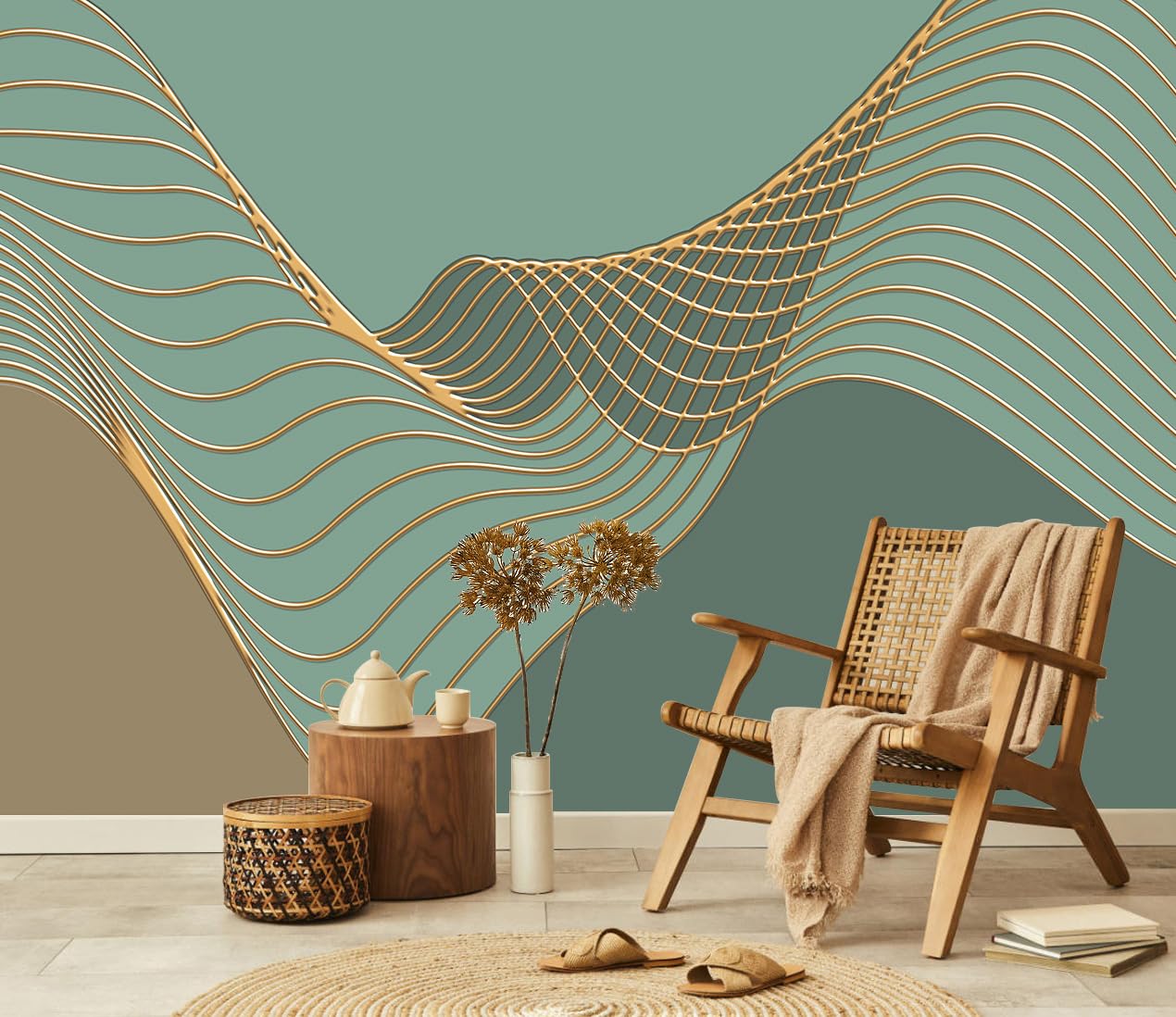 Photo 1 of TUNDJ Gold Geometric Line Wallpaper Mural 157"x108"