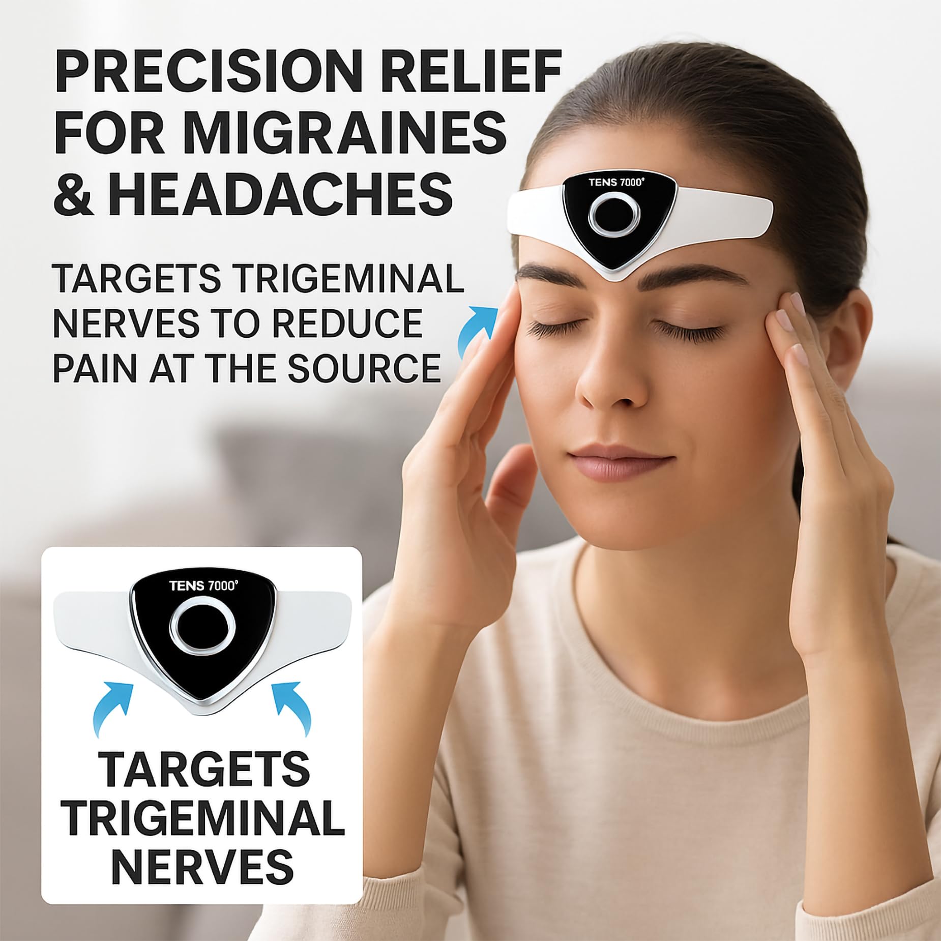 TENS 7000 Migraine Relief Device, Migraine Relief Wearable for Migraines and Migraña, Drug-Free Pain Relief Product