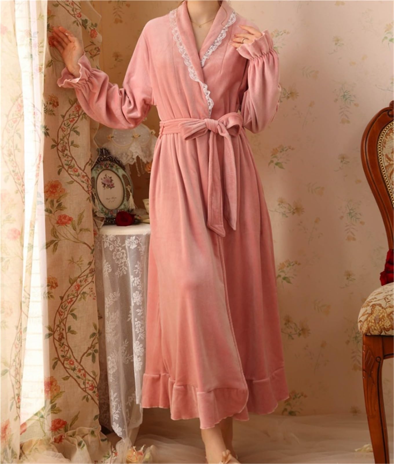 Albornoz Ducha Bata con Volantes For Mujer, Albornoz Largo Suave De Felpa, Lana Cálida, Camisón For Niñas Accappatoio para Viajes(Pink,Large)