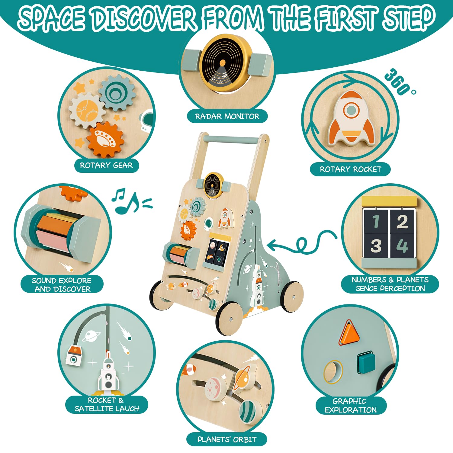 Adjustable Wooden Baby Walker – Montessori Push Toy for 1 Year Old with Rocket-Themed Activity Center, Sit-to-Stand Walker Gift for Boys and Girls image 2 of 9 B0DTDYM991